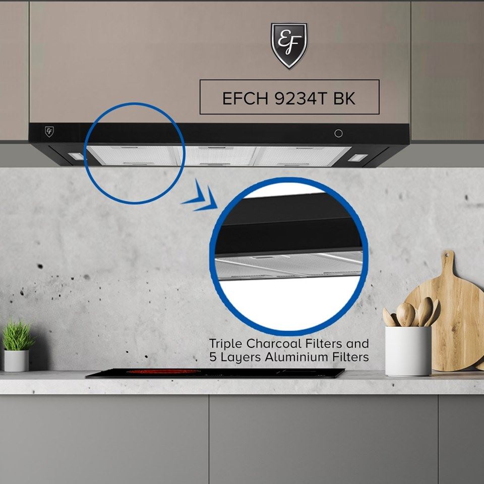 EF 90cm Conventional Range Hood EFCH 9234T BK - Stainless Steel Kitchen Exhaust Fan for Stove Top Ventilation, Smoke & Odor Removal