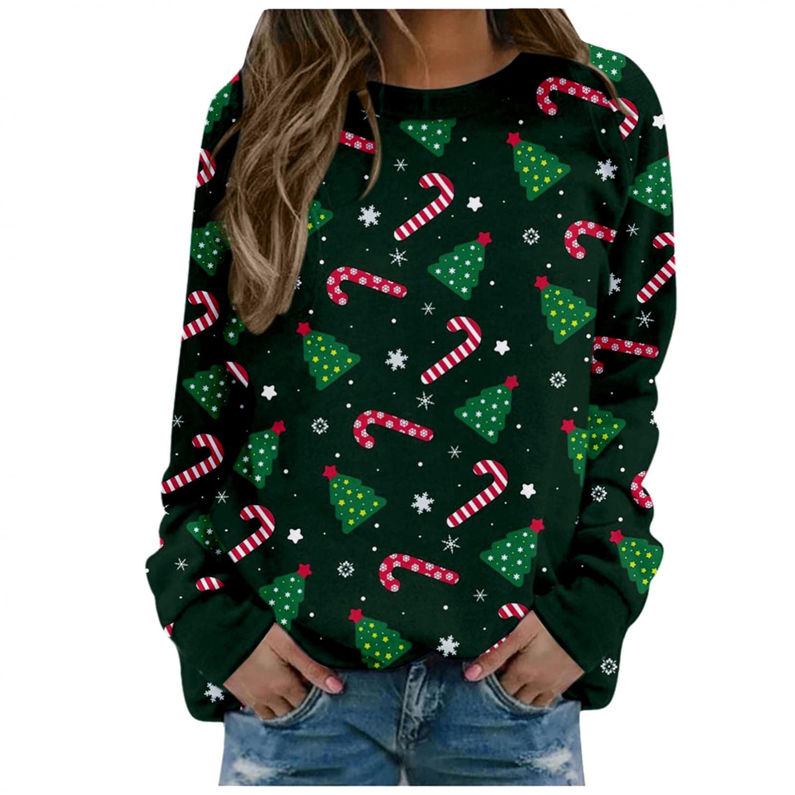 Women's Christmas Sweatshirt - Cute Elk Printed Long Sleeve Crewneck Pullover Sweater | Casual Holiday Top for Winter Parties & Family Gatherings