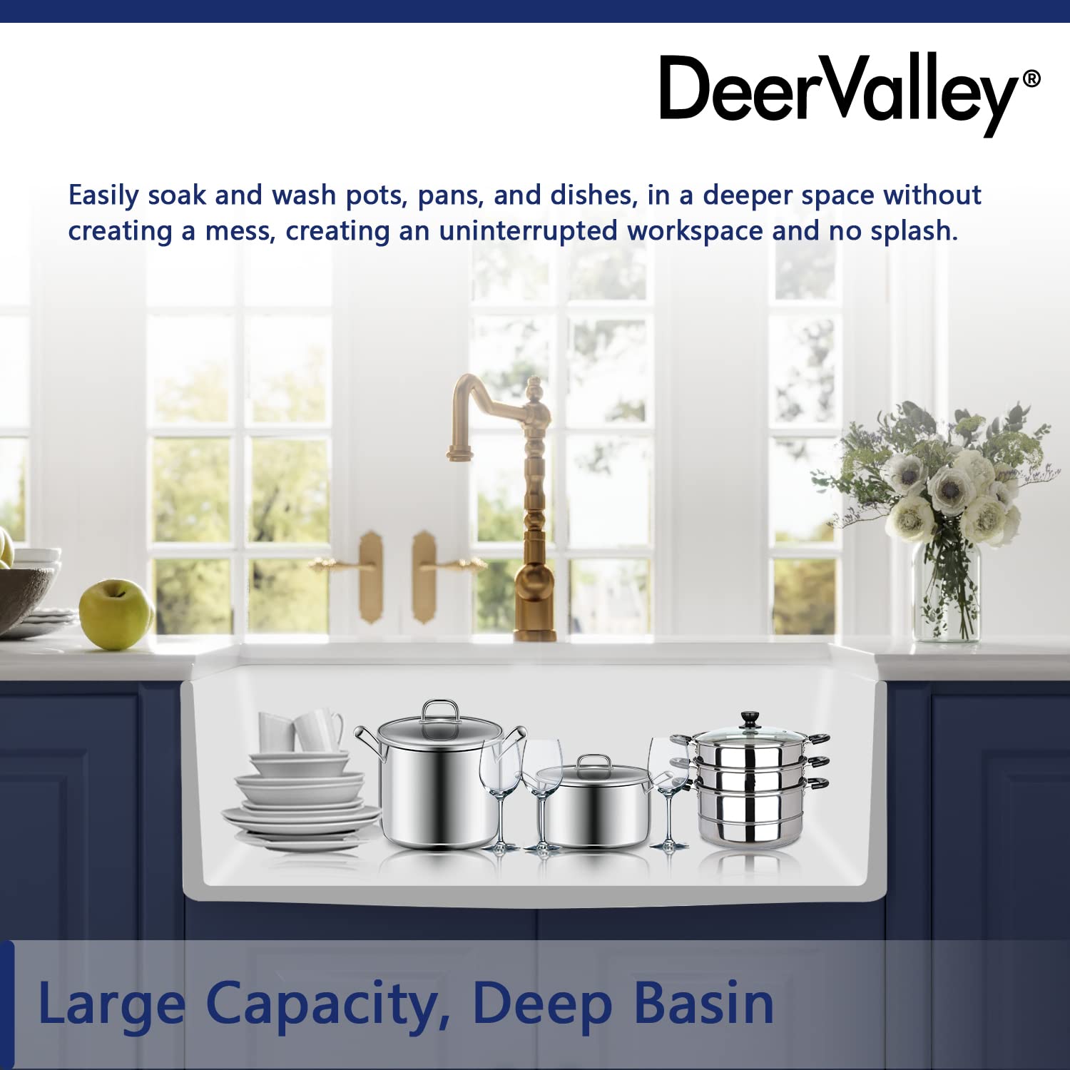DeerValley 33'' White Farmhouse Apron Kitchen Sink - Fireclay Single Bowl with Arch Edge, Bottom Grid & Strainer | Perfect for Rustic & Modern Farmhouse Kitchens (Model DV-1K516)