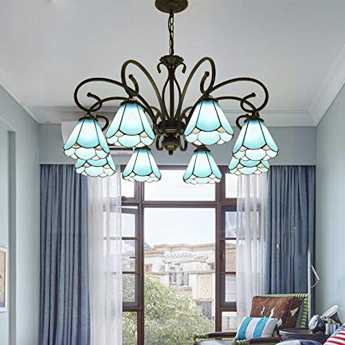Blue Tiffany Cone Pendant Chandelier - 8-Light Black Ceiling Suspension Lamp with Blue Glass Shades for Living Room, Dining Room & Bedroom Lighting