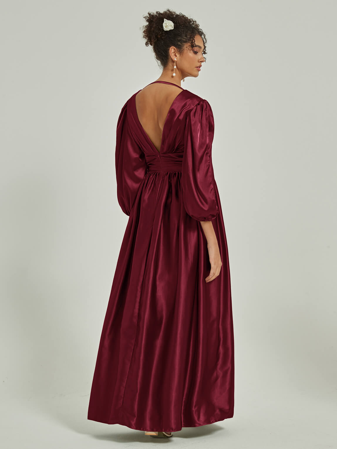 Burgundy 3/4 Sleeve V-Neck Pleated Bridesmaid Dress with Side Slit - Elegant Wedding Party, Formal Occasions & Special Events