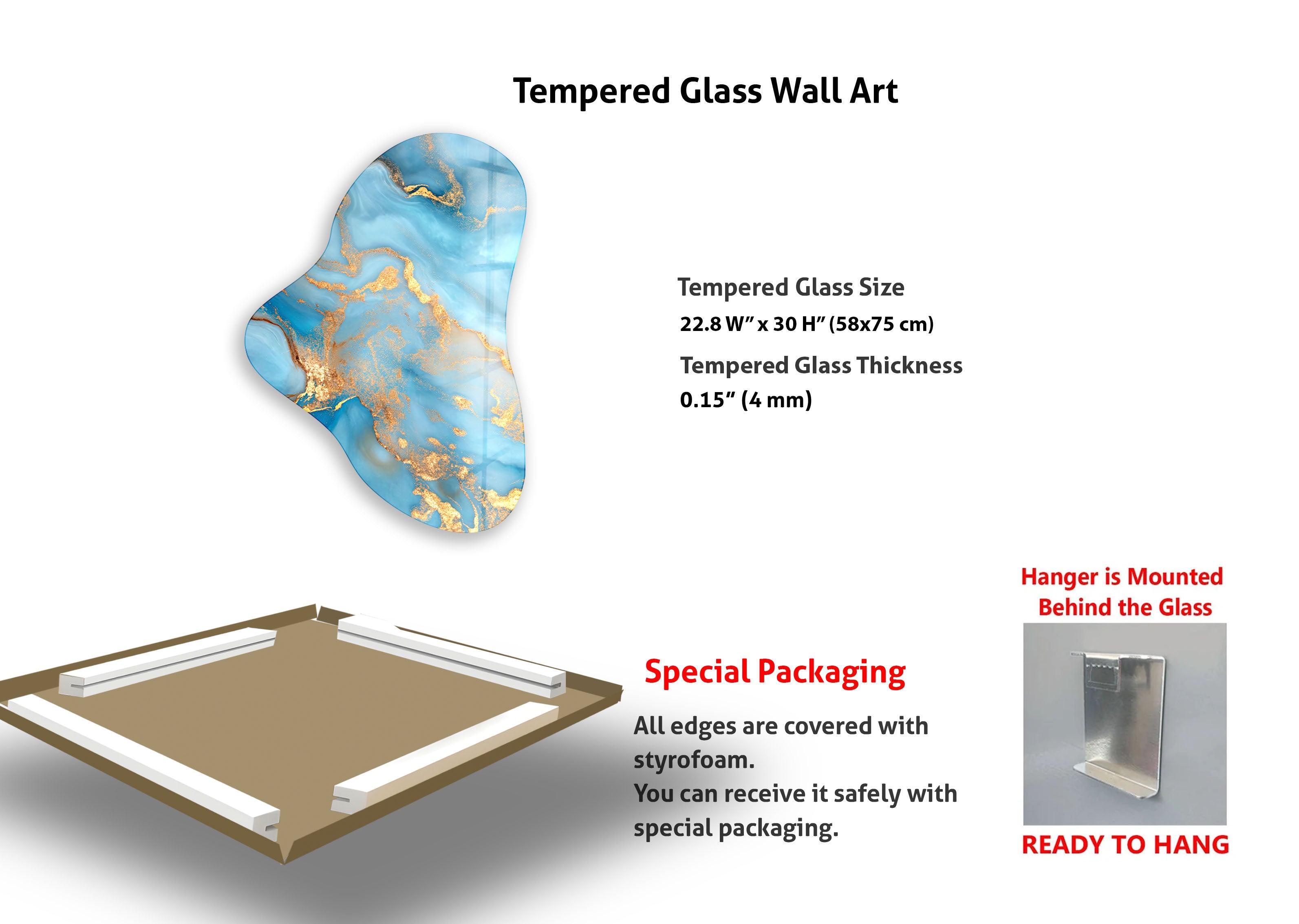 Blue Marble Asymmetrical Glass Wall Art - Modern Abstract Home Decor for Living Room, Bedroom & Office