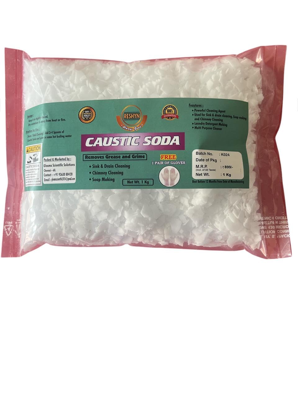 RESHYN Caustic Soda 1kg (2.2lb) - Heavy Duty Drain Cleaner & Grease Remover for Kitchen Sink, Pipes, Chimney | Multi-Purpose Cleaner for Iron, Aluminum, Dosa Tawa | Includes Free Gloves | Ideal for Soap Making, Hotel & Home Cleaning