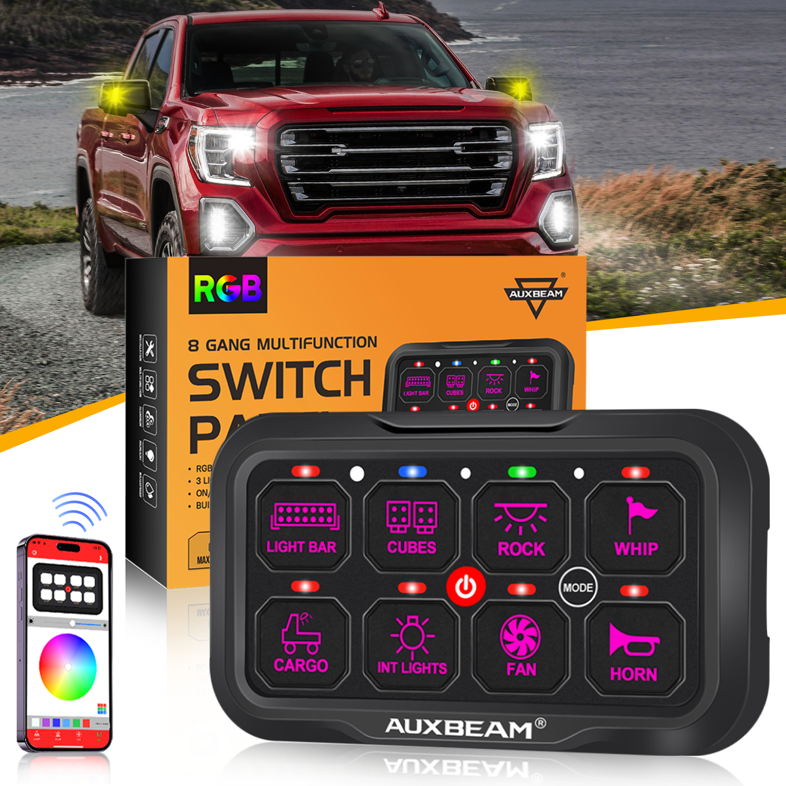 Bluetooth Controlled AR 800 Multifunction RGB Switch Panel for 2021-2023 GMC Sierra 1500/2500/3500 & AT4 - Custom Interior Lighting & Accessory Control for Off-Road & Night Driving