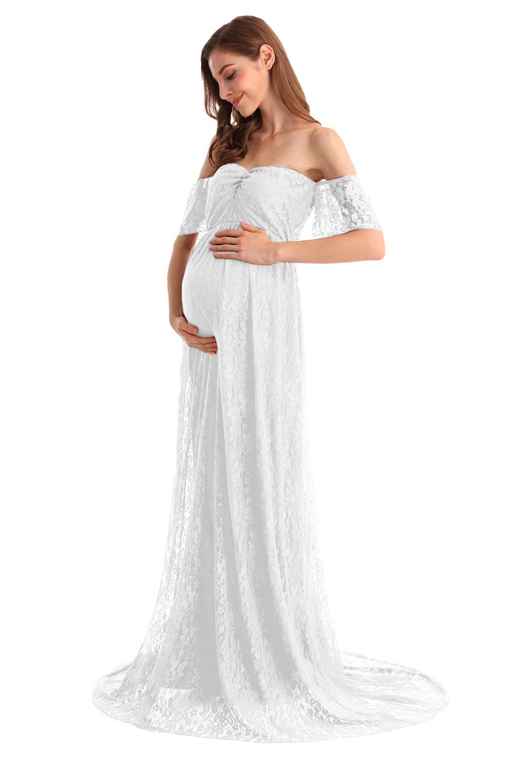 HIHCBF Women's Bohemian Lace Maternity Wedding Dress - Off-Shoulder Ruffle Sleeves for Baby Shower, Pregnancy Photo Shoot & Beach Maternity Gown - Perfect for Maternity Photoshoots, Beach Weddings & Special Occasions