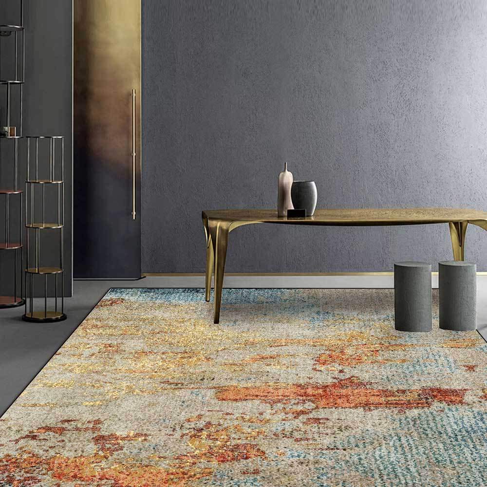 Modern Abstract Carpet - Rust Orange Yellow Blue Non-Slip Washable Area Rug for Bedroom, Living Room, Kitchen - 60x90cm Soft Floor Mat for Home Decor & Cozy Spaces