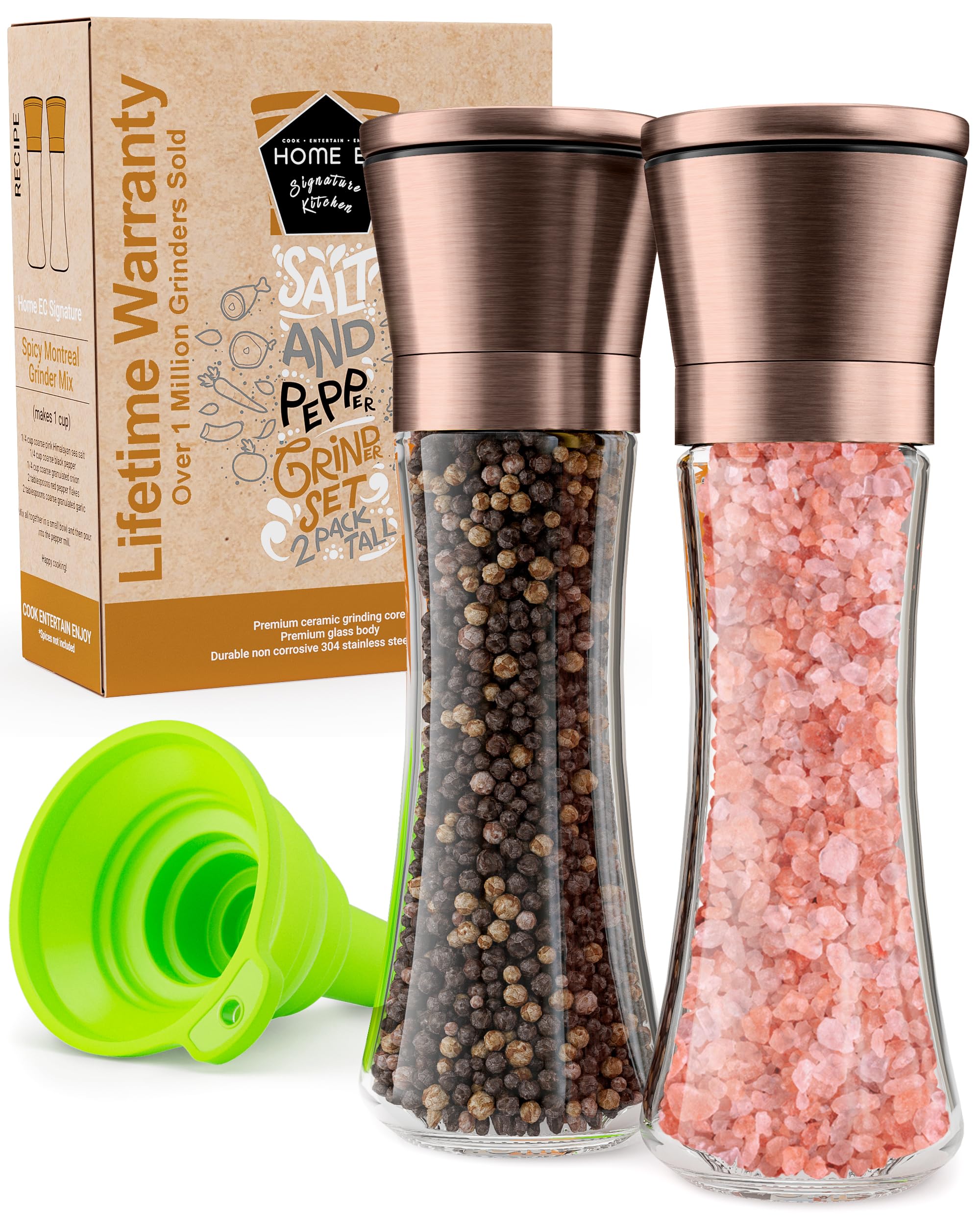 Premium Copper Salt and Pepper Grinder Set - 2 Adjustable Ceramic Core Mills with Glass Containers & Free Funnel + Ebook - Elegant Kitchen Spice Shakers for Cooking, Baking & Table Setting - Durable Copper Kitchen Accessories
