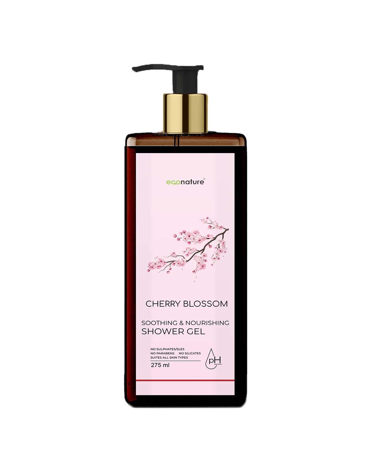 ECONATURE Cherry Blossom Body Wash & Shower Gel - Moisturizing Liquid Soap for Soft Skin - 9.3oz (275ml) - Floral Scented Bath & Shower Essentials for Women & Men - Perfect for Daily Hydration & Relaxing Spa Experience