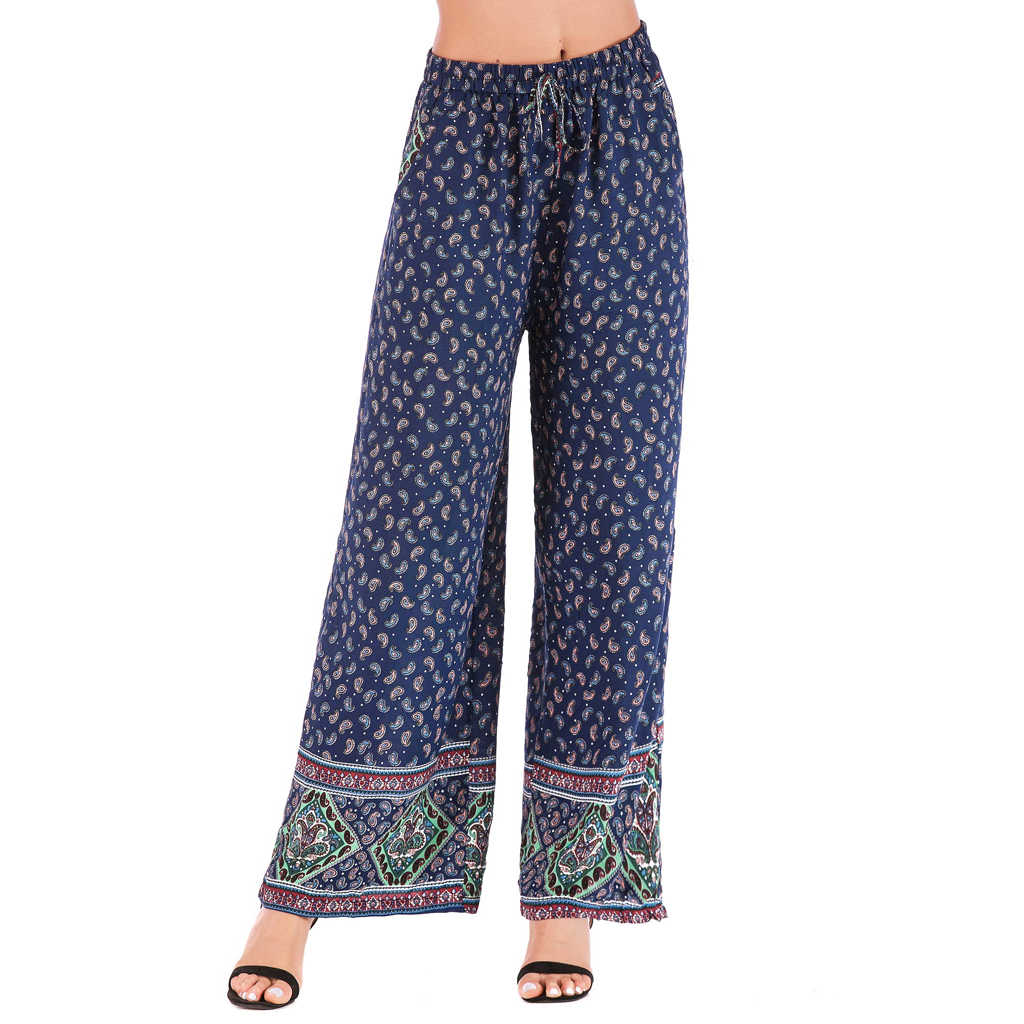 Women's Summer Wide Leg Elastic High Waist Printed Boho Hippie Palazzo Pants - Comfortable & Stylish for Beach, Vacation, and Casual Wear