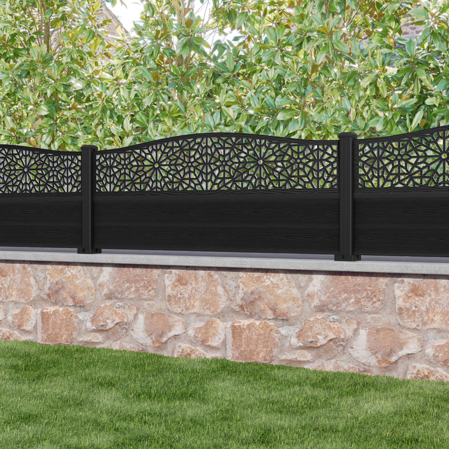 Classic Alnara Black Curved Top Fence Panel with Aluminum Posts - Durable Garden Fencing for Backyard Privacy and Decoration