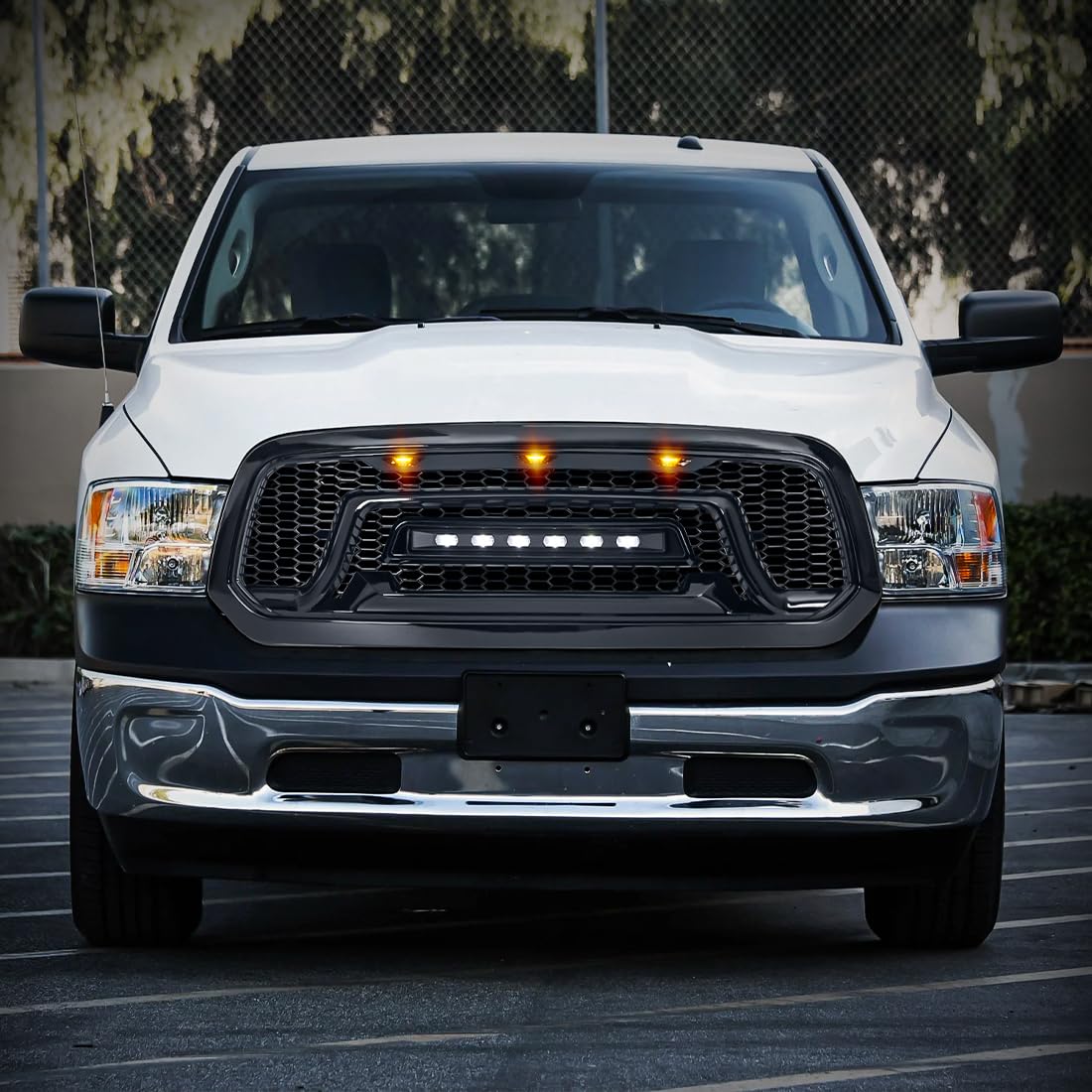 Glossy Black Front Bumper Grill Compatible with 2013-2023 Dodge Ram 1500 & Ram 1500 Classic | Off-Road Ready LED Light Bar | Perfect for Truck Upgrades & Off-Road Adventures