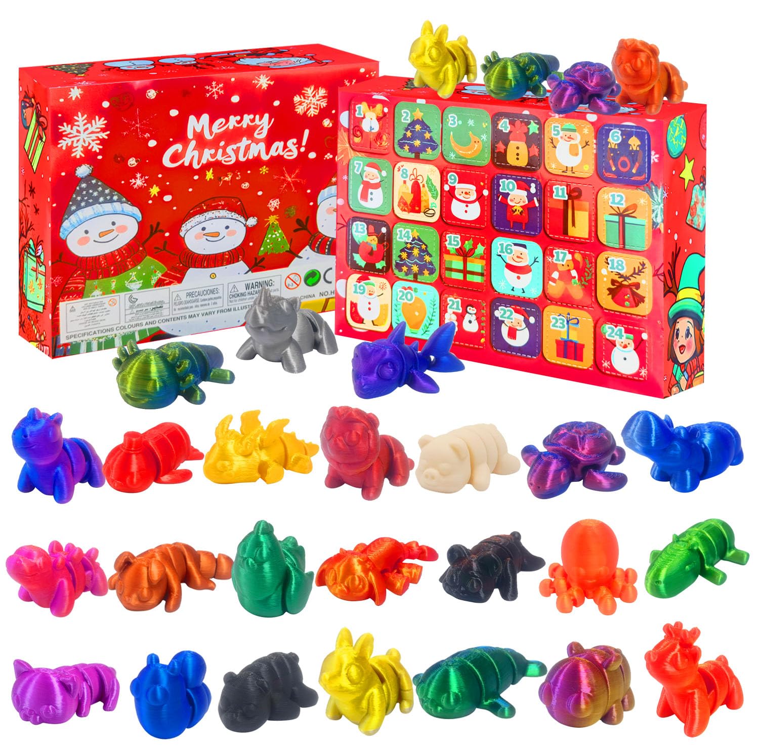2024 Christmas Advent Calendar with Mini 3D Printed Animal Toys - Fun Holiday Countdown Gift for Kids, Girls, Boys & Adults - Perfect for Stocking Stuffers, Party Favors & Festive Celebrations