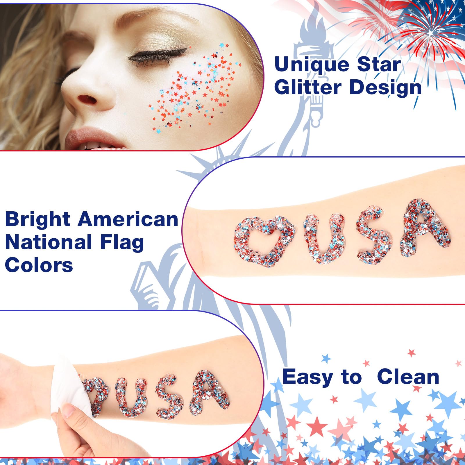 14 Pcs Patriotic Independence Day Accessories Kit - 4 Red White Blue Glitter Gels, 10 USA Flag Temporary Tattoos for Face & Body - Perfect for 4th of July Parties, Festivals, Raves & Patriotic Events