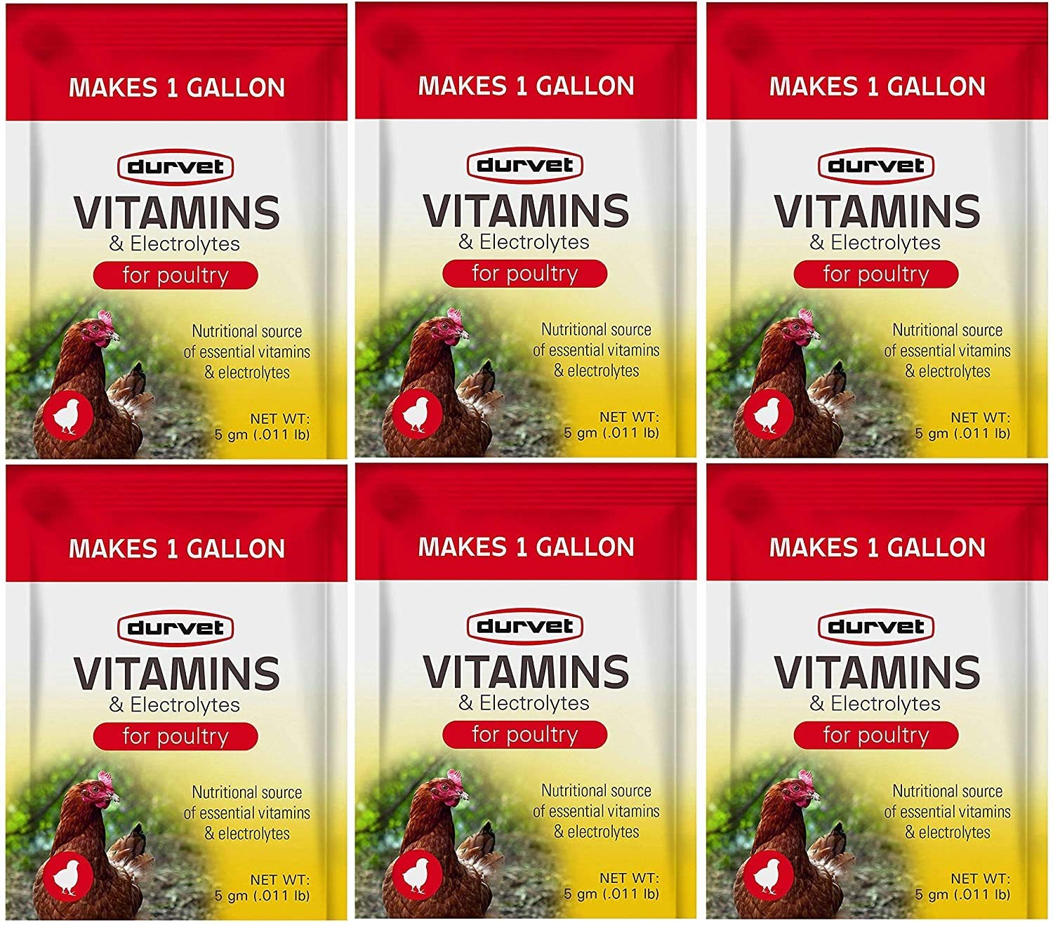 Durvet Poultry Vitamins & Electrolytes Supplement - 6 Pack (5g Each, Makes 6 Gallons) | Boosts Chicken Health & Egg Production | Ideal for Backyard Flocks, Broilers & Layers