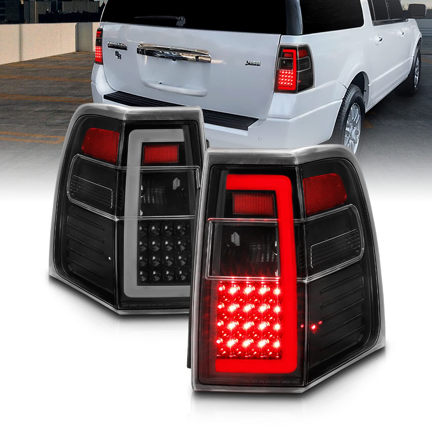2007-2017 Ford Expedition LED Tail Lights - AmeriLite C-Type Tube Sequential Black Replacement Set (Pair) for Passenger & Driver Side - Enhanced Night Visibility & Style Upgrade