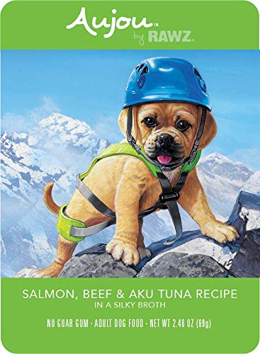 Rawz Aujou Salmon, Beef & Aku Tuna Grain-Free Dog Food - 8 Pack (2.46 oz Pouches) | High Protein Wet Dog Food for Small & Large Breeds | Perfect for Travel, Training & Mealtime Toppers