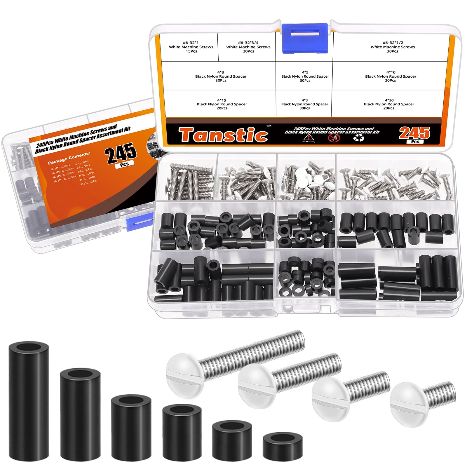 Tanstic 245Pcs Wall Plate Screws & Electrical Outlet Screws Spacers Kit - White Outlet Cover Screws with Black Nylon Round Spacers for Home Electrical Repair and DIY Projects