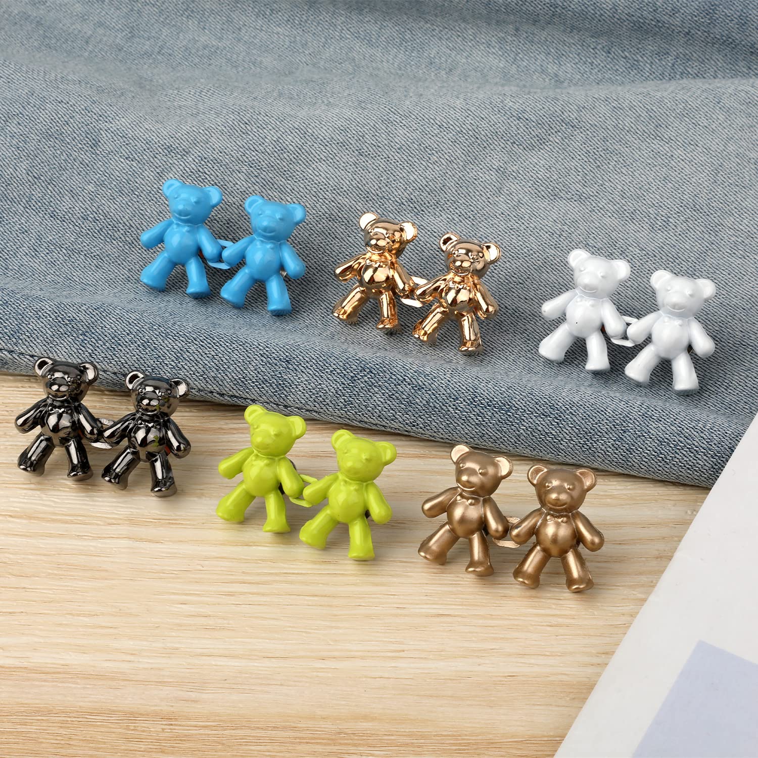 6 Pairs No-Sew Detachable Jean Buttons for Loose Jeans - Cute Bear Design Adjustable Waist Tightener Buckle Extender (6 Colors) - Perfect for Fixing Baggy Pants & DIY Denim Repair Without Tools