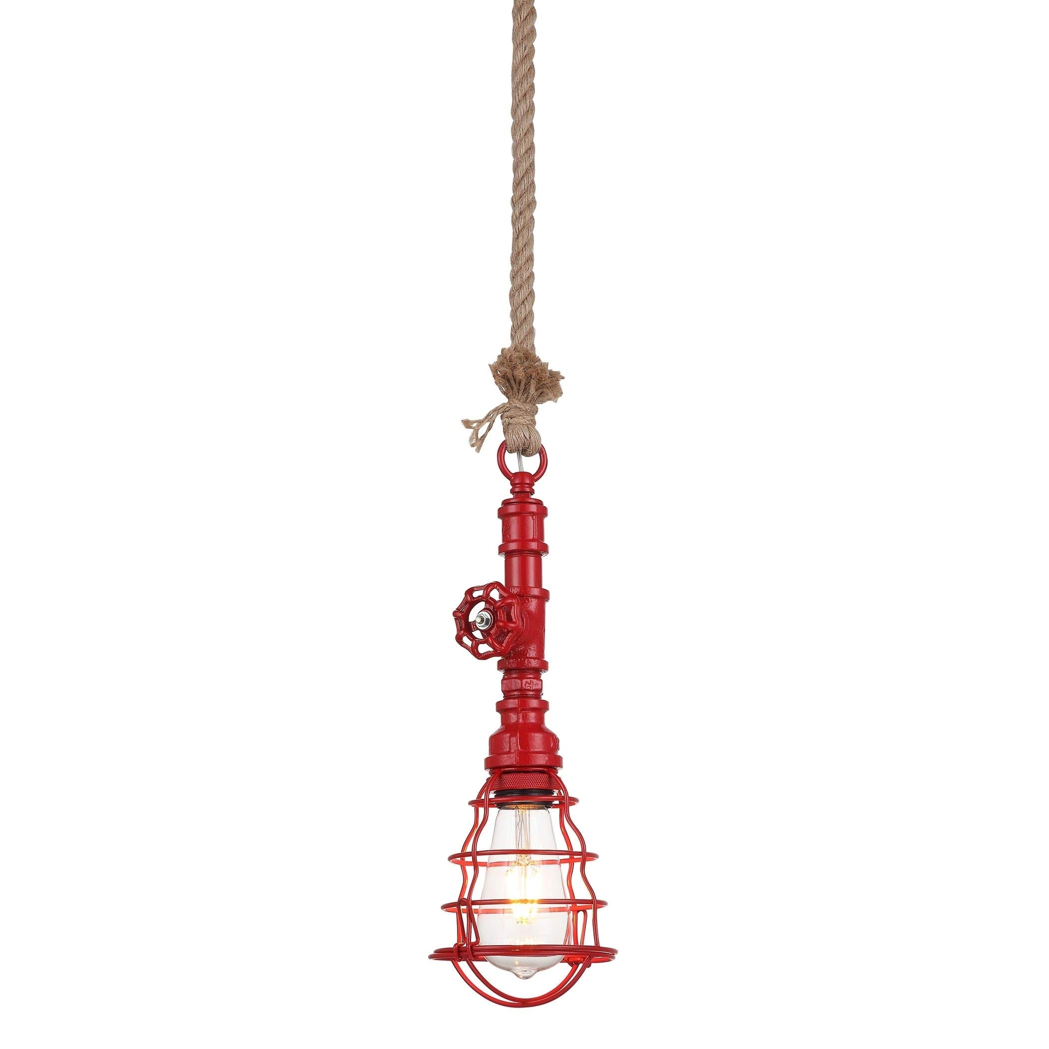 Industrial Red Pipe Pendant Light with Glass Shade & Jute Cord - Vintage Edison Bulbs Included - Perfect for Farmhouse, Loft & Industrial Style Dining Rooms