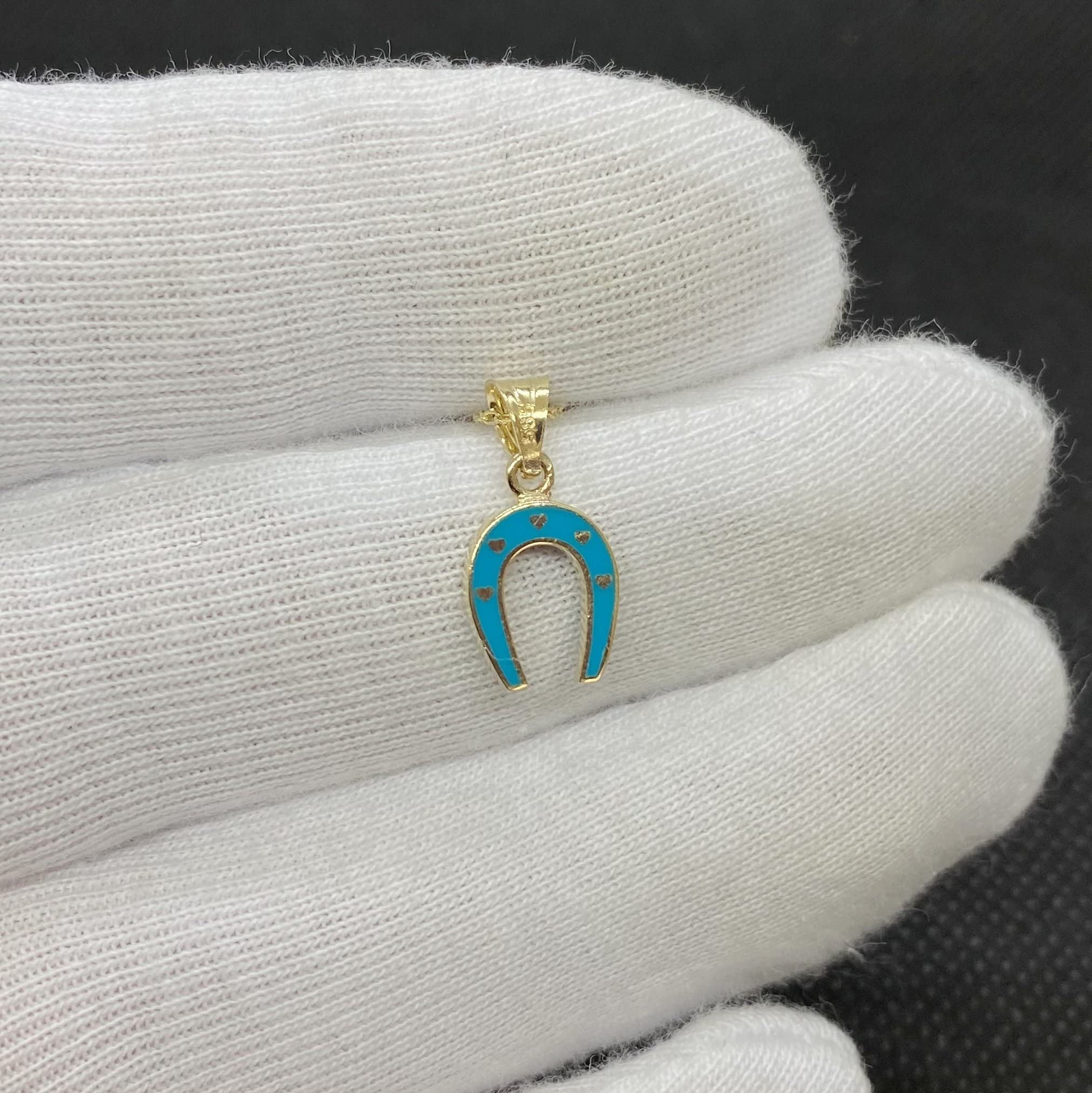 14K Real Solid Gold Horseshoe Pendant Necklace for Women - Lucky Charm Jewelry with Turquoise Enamel & Tiny Hearts - Elegant Birthday & Christmas Gift for Her - Perfect for Everyday Wear, Special Occasions & Good Luck Symbol