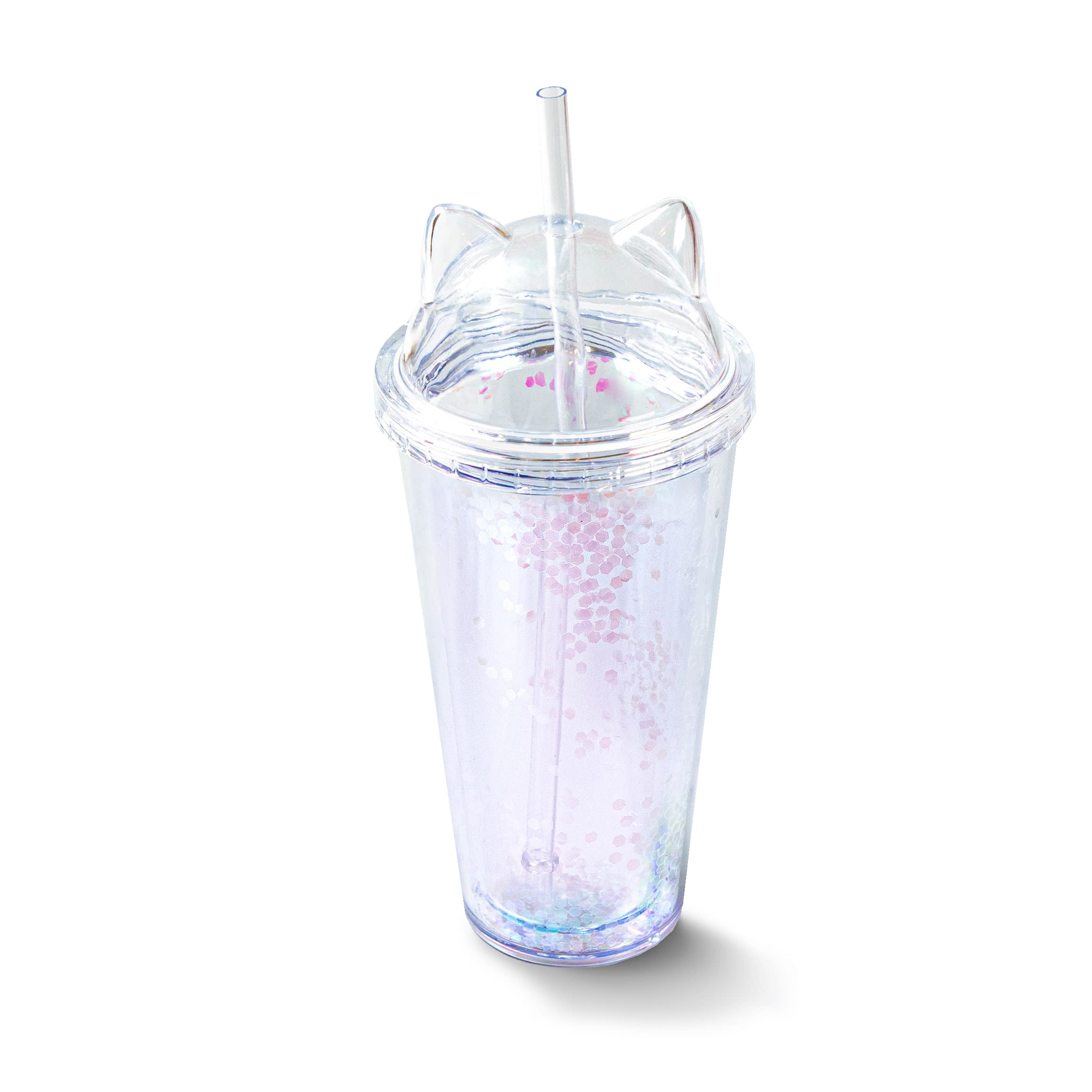 Glitter Cat Water Bottle - 300ml Reusable Plastic Cup with Dome Lid & Straw - Freefalling Design - 5 Color Options - BPA Free - Perfect for School, Gym, Travel & Outdoor Activities - Glitter Water Bottle Collection (Transparent)