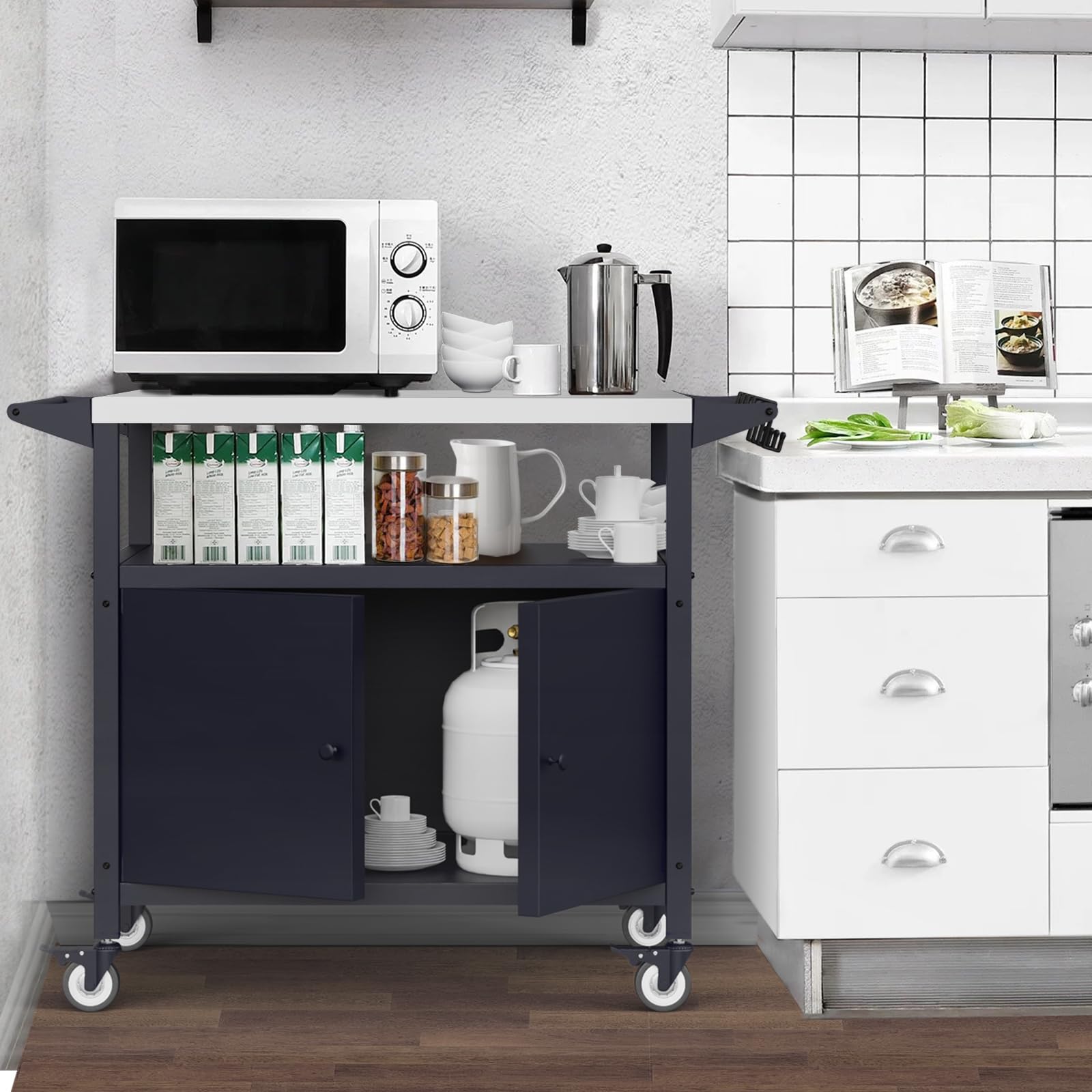 Stainless Steel Outdoor Grill Table with Storage - Blackstone Griddle Stand & BBQ Serving Cart with 4 Utensil Hooks | Rolling Bar Cart for Outdoor Kitchen, Patio, Backyard & Camping Cooking
