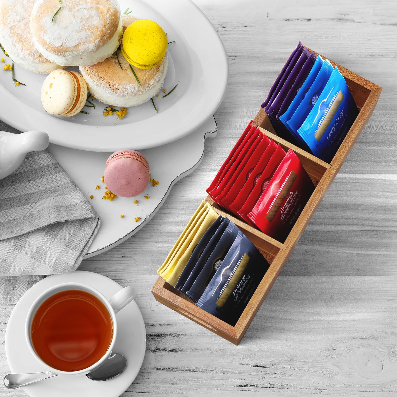 Acacia Tea Bag Holder - 3-Slot Wooden Organizer for Countertop Storage
