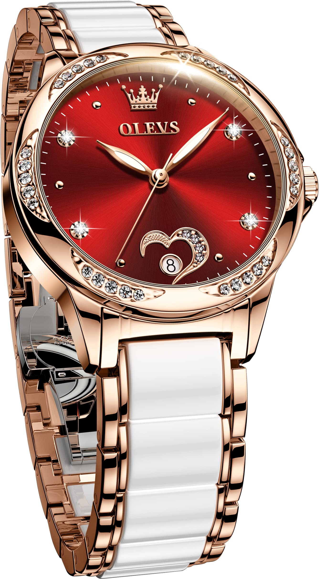 OLEVS Women's Diamond Rose Gold Automatic Self-Winding Watch - Ceramic Two-Tone Ladies Dress Watch with Love Heart Date Display | Perfect for Office, Party & Everyday Wear