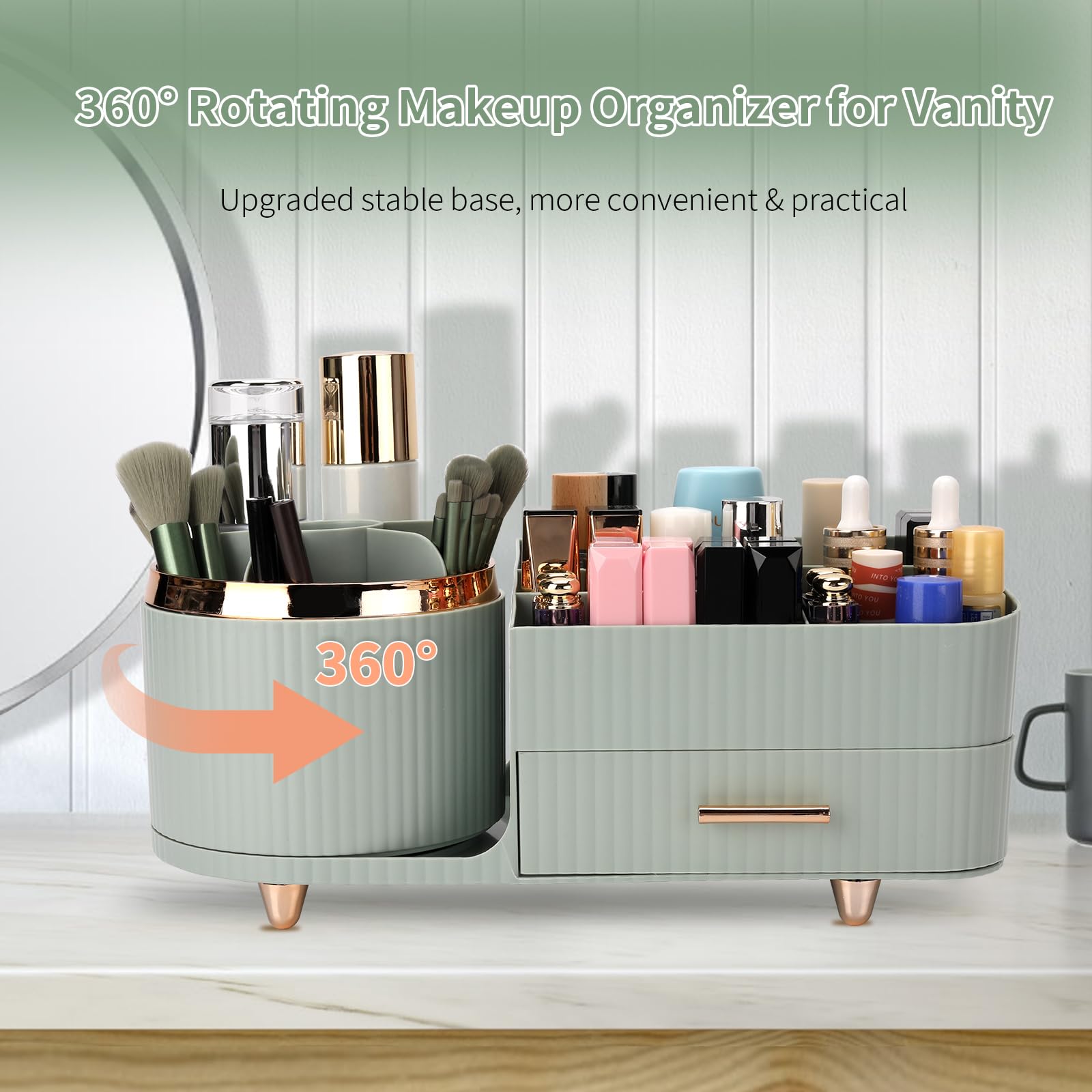 Beborxue 360° Rotating Makeup Organizer with Drawers - Large Capacity Cosmetic Storage Case for Lipstick, Skincare, Brushes & Eyeshadow | Vanity Organizer for Bathroom, Bedroom & Dressing Table (Green)
