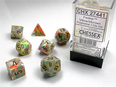 Festive Polyhedral Dice Set - 7 Vibrant Brown RPG Dice for Dungeons & Dragons, DND, Pathfinder & Tabletop Gaming