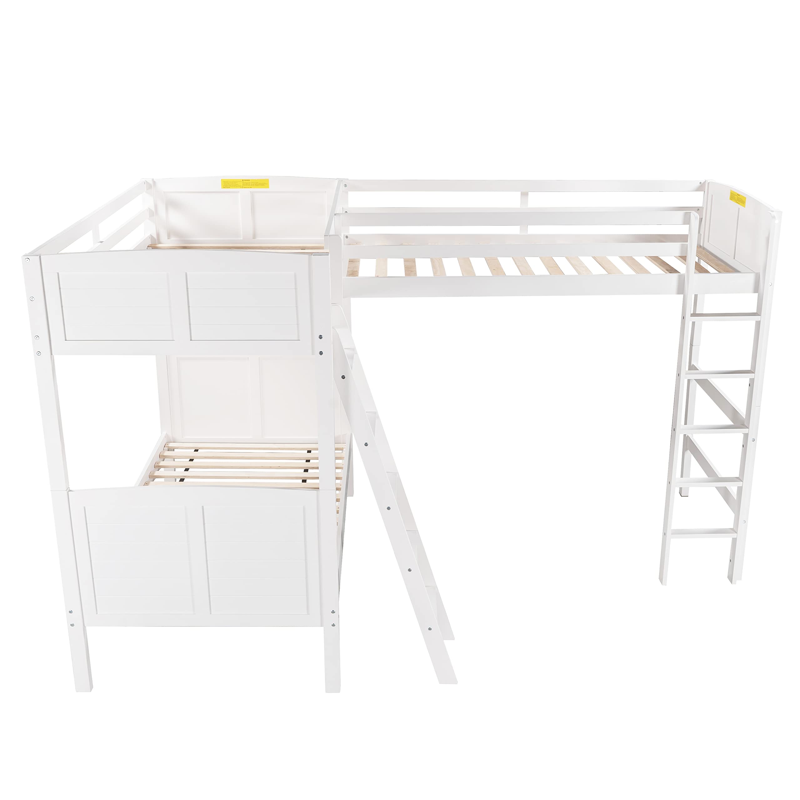 RUNNA Solid Wood L-Shaped Twin Size Triple Bunk Bed with Guardrails & 2 Ladders - No Box Spring Needed (White+TP) - Perfect for Kids' Bedrooms, Dorm Rooms & Space-Saving Home Solutions