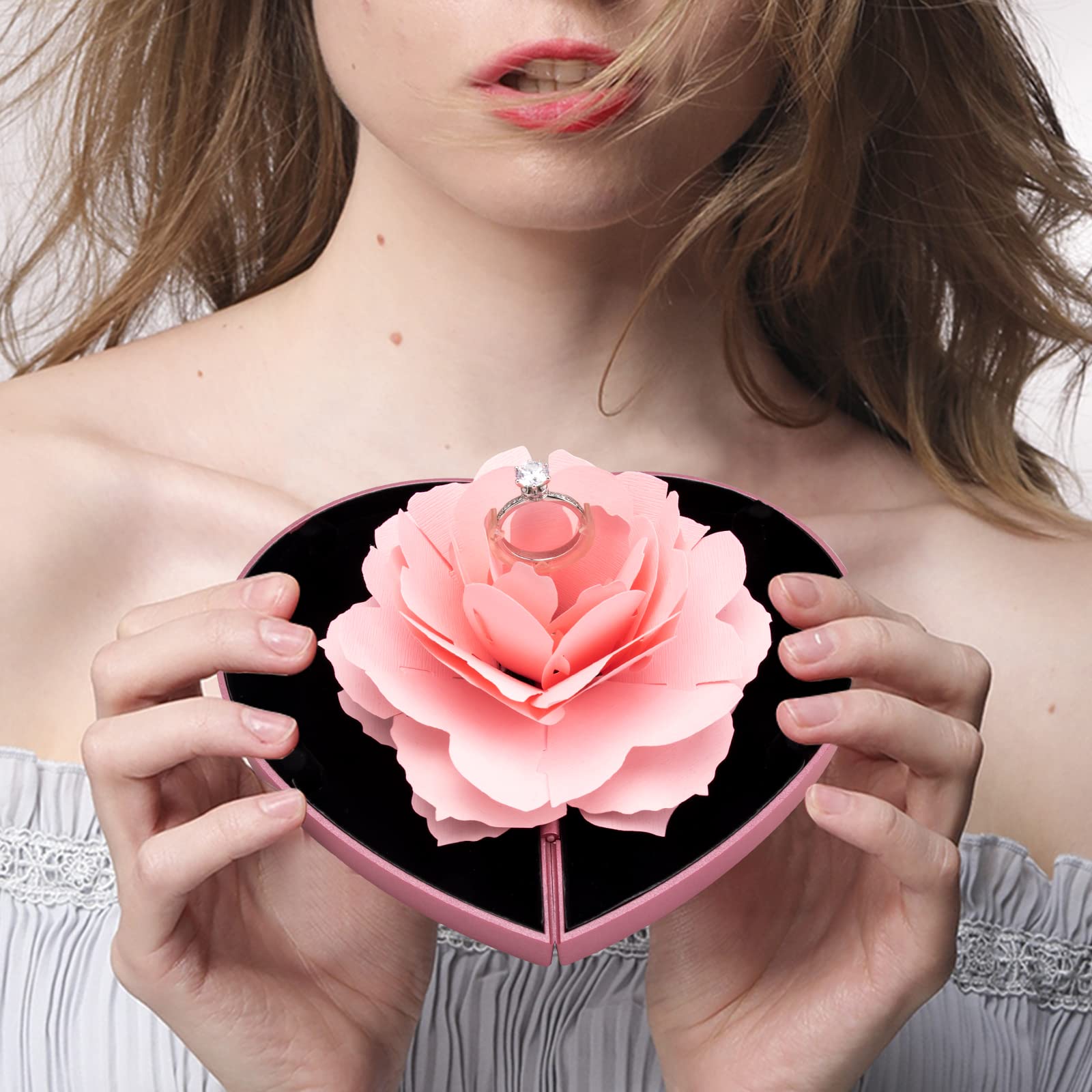 Wonuu Heart Shaped Pink Engagement Ring Box - Romantic Rose Jewelry Storage Holder for Women, Perfect Proposal Wedding Gift (Great for Surprise Proposals, Anniversary Gifts & Jewelry Organization)