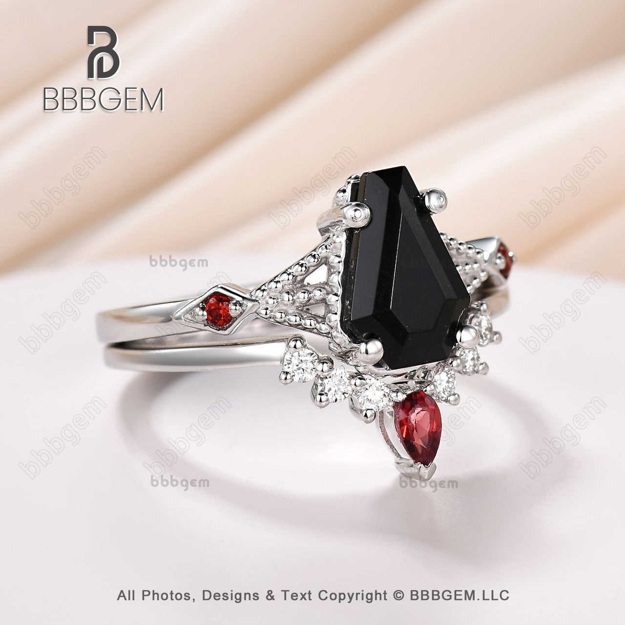 Platinum Coffin Black Spinel & Diamond Wedding Ring Set - 9x6mm Coffin Shaped Onyx & Natural Garnet Engagement Rings for Women | Perfect for Gothic Weddings, Alternative Fashion & Unique Jewelry Lovers