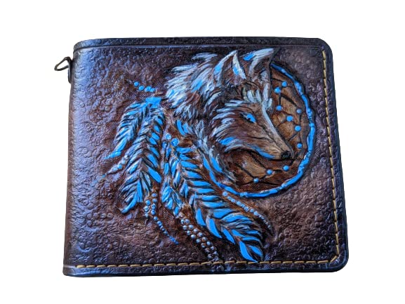 Handmade 3D Genuine Leather Bifold Wallet for Men - Custom Carved & Tooled with Airbrush Art, Personalized Turquoise Fox Dream Catcher Design - Perfect Gift for Father's Day, Birthday & Daily Use