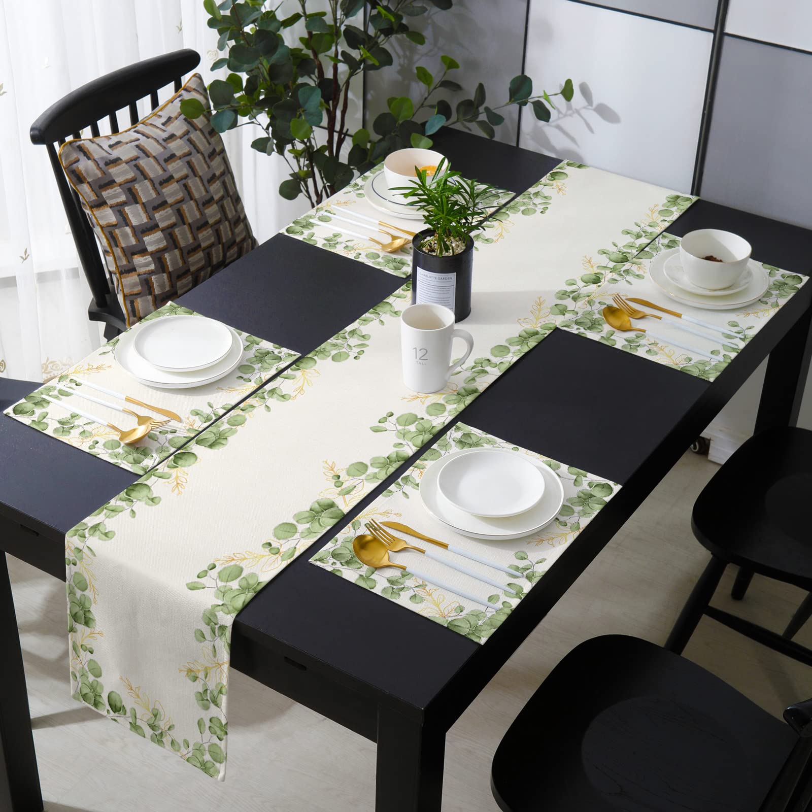 Green Eucalyptus Leaf Watercolor Table Runner Set with 4 Washable Placemats - Tropical Summer Kitchen Decor for Dining Room, Party, Banquet & Hotel | Country Style Table Setting Accessories