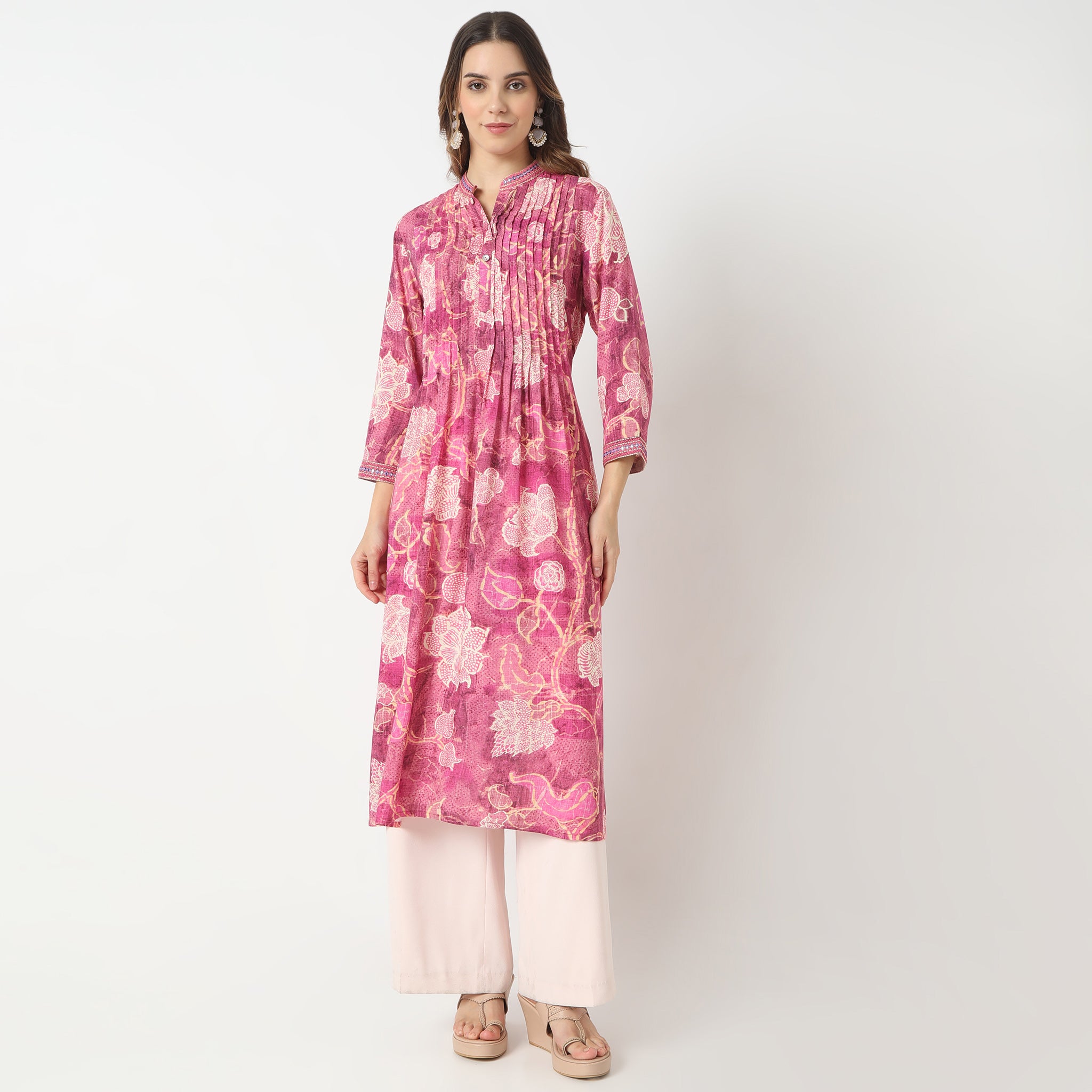 Flare Fit Printed Band Neck Below Knee Kurta for Women - Stylish Indian Ethnic Wear for Festivals, Parties & Casual Outfits
