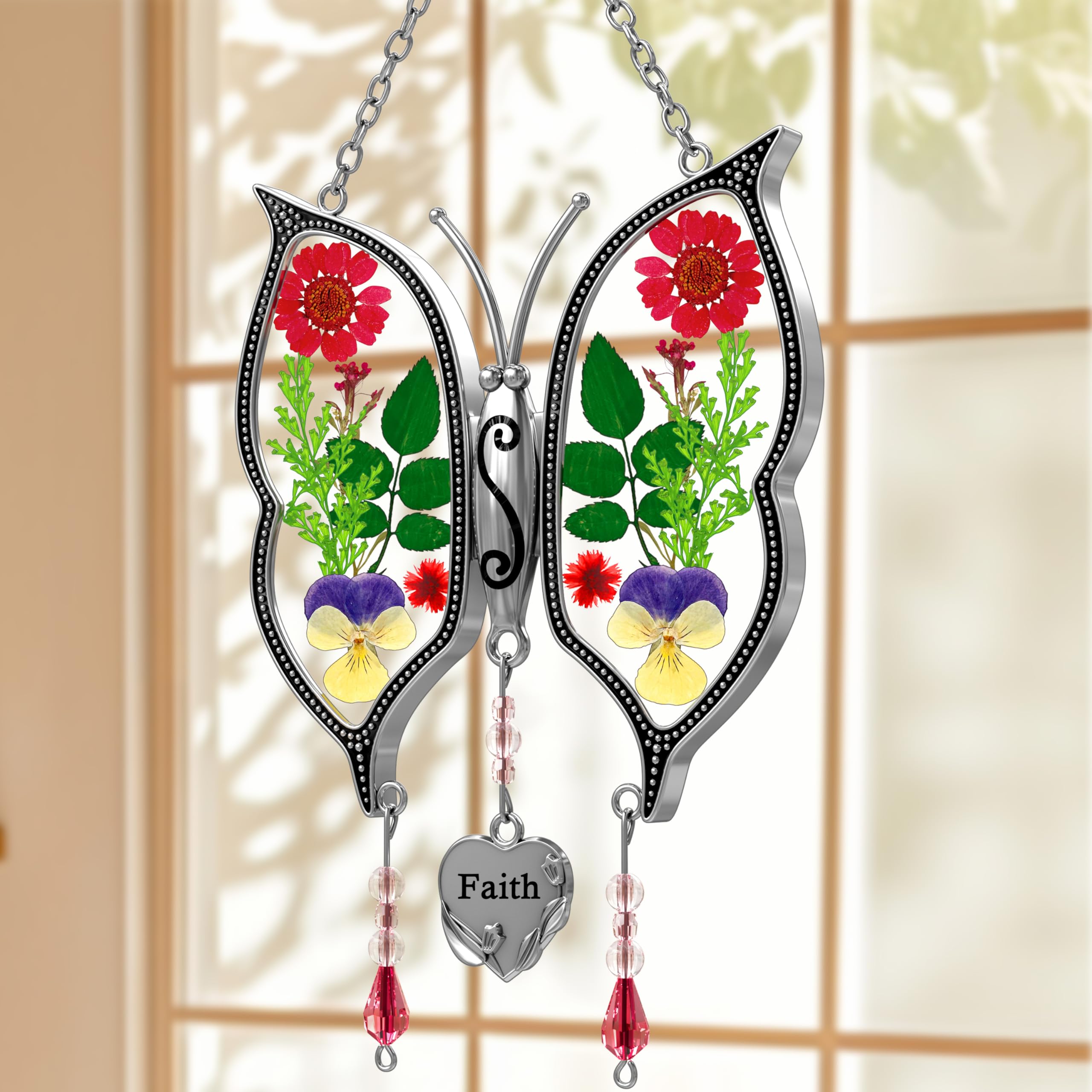Butterfly Ornaments for Windows - Pressed Flower Glass Suncatcher with Heart Charm | Faith Gift for Mom, Grandma, Aunt | Christmas Decor, Birthday & Mother's Day Present | Perfect for Home, Office, Garden Decorations