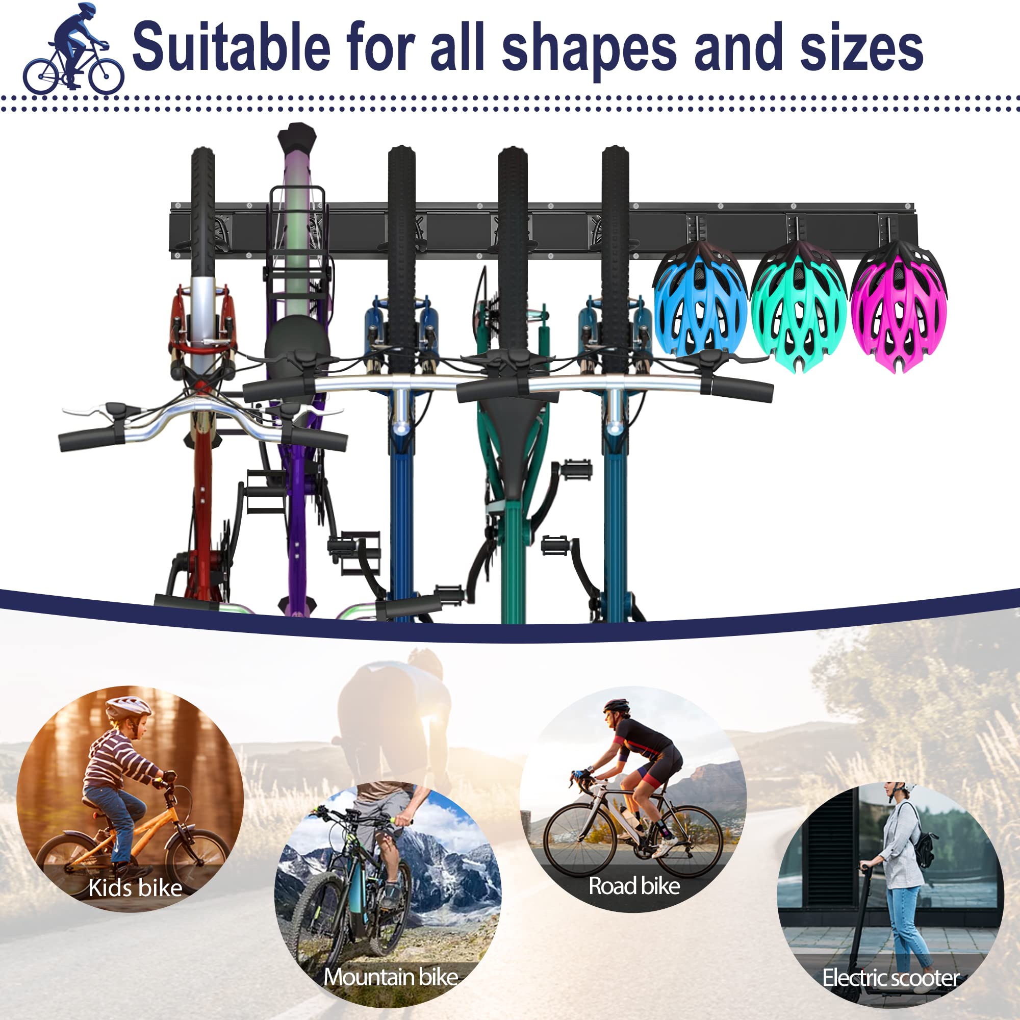ITHWIU Wall-Mounted Vertical Adjustable Bike Rack - Garage Storage System with 5 Adjustable Hooks & 3 Helmet Hooks for Indoor Home Organization | Perfect for Small Spaces, Apartments & Bike Enthusiasts