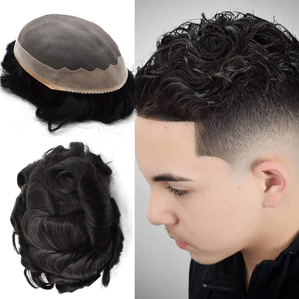 Premium Mono Men's Toupee - 100% Human Hair Wigs with Poly Coating | Jet Black (1#) | 7