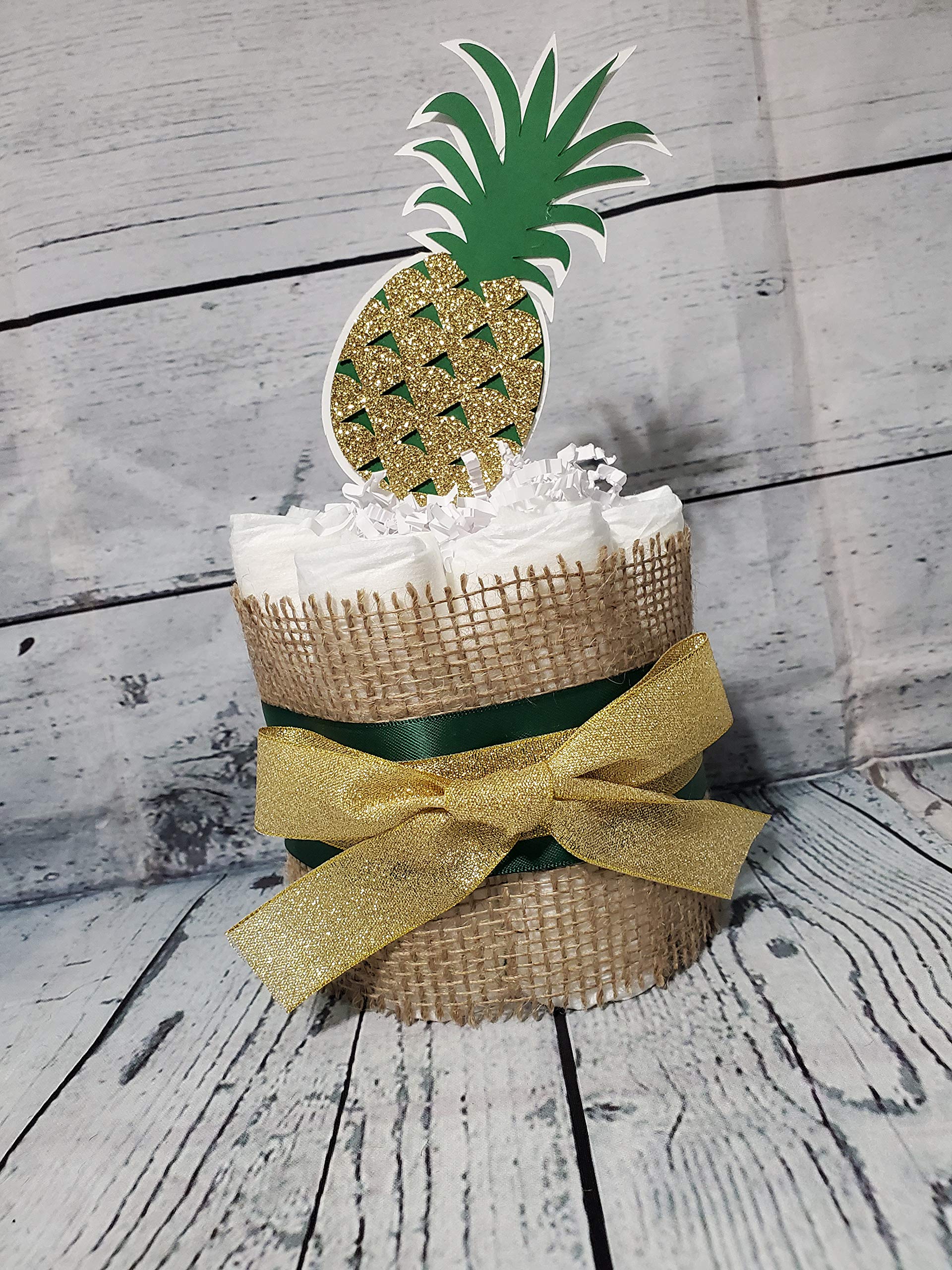 Hawaiian Pineapple Aloha Baby Theme Diaper Cake - 5-Piece 3-Tier Set for Baby Shower Gift in Green, Gold, Pink, Blue & Ivory - Perfect for Tropical-Themed Baby Showers, Gender Reveals & Nursery Decor
