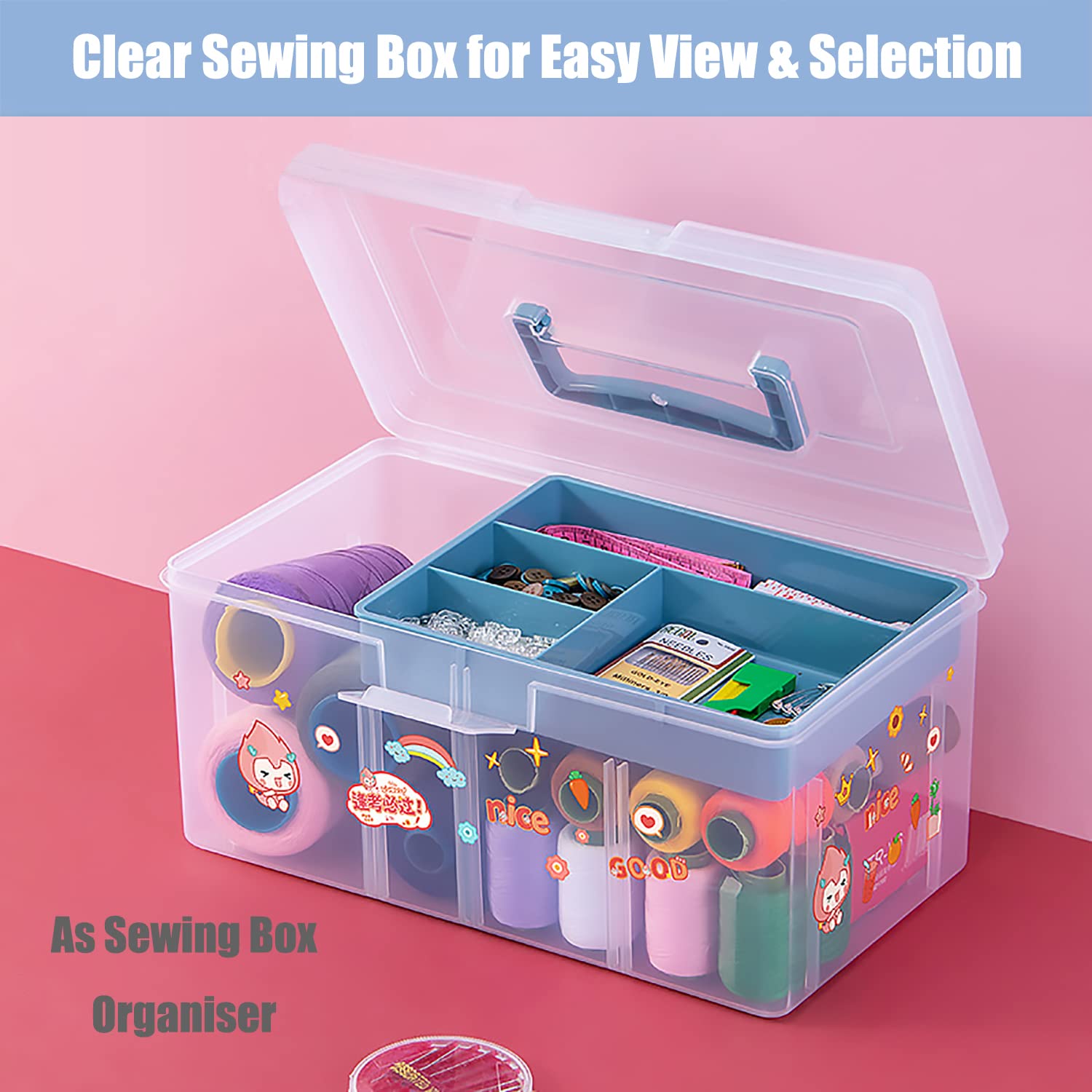 Clear Plastic Storage Organizer Box with Removable Tray & Partition - Large Arts & Crafts Supplies Container for Office, Home & School - Desktop Stationery & Medicine Organizer (Clear & Ocean Blue) | Perfect for Craft Rooms, Office Desks & Home Organization