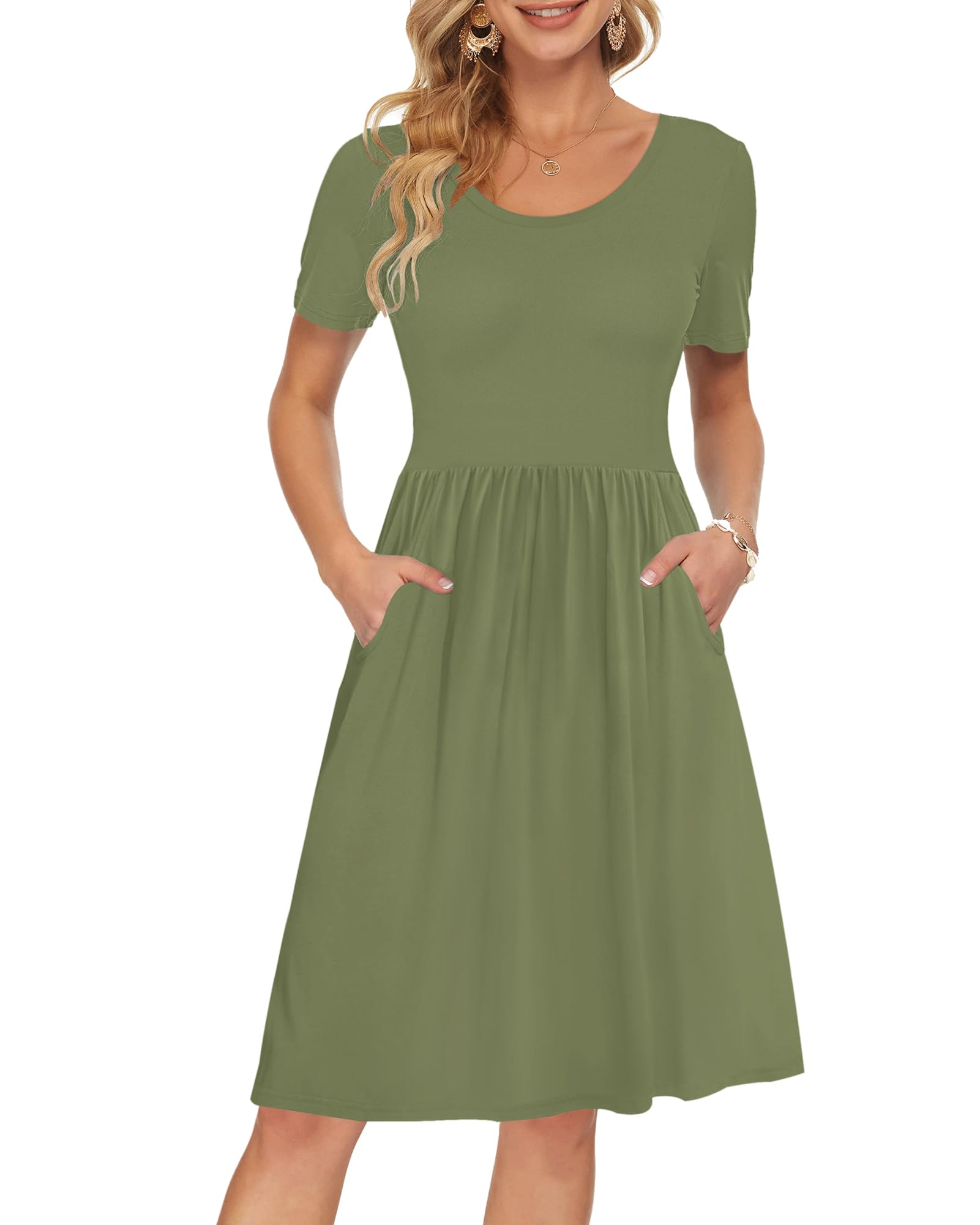 AUSELILY Women's Summer Short Sleeve Empire Waist Dress - Pleated Loose Swing Knee Length Casual Dress with Pockets | 2025 New Collection | Perfect for Beach, Vacation, and Everyday Wear