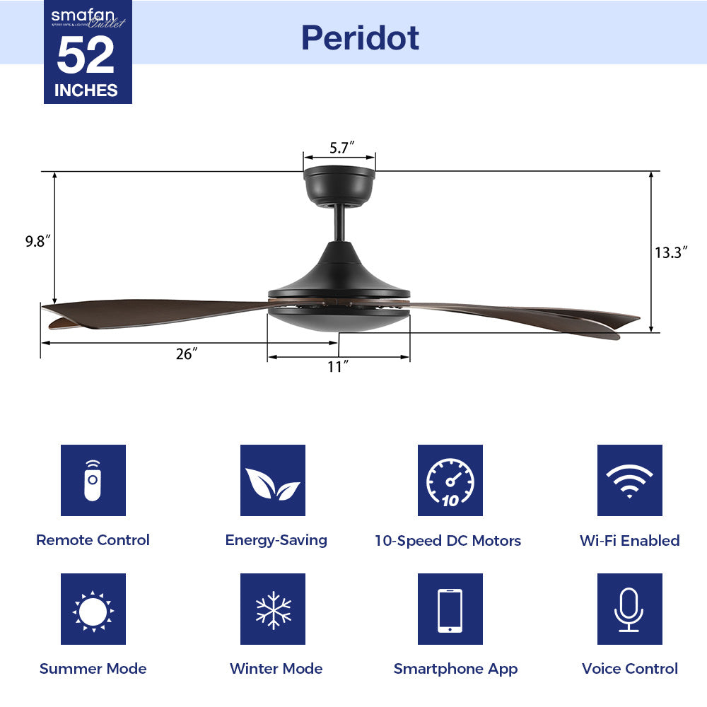 52 Inch Peridot Smart Ceiling Fan with Remote Control & WiFi Connectivity - No LED - Perfect for Living Room, Bedroom & Patio Cooling