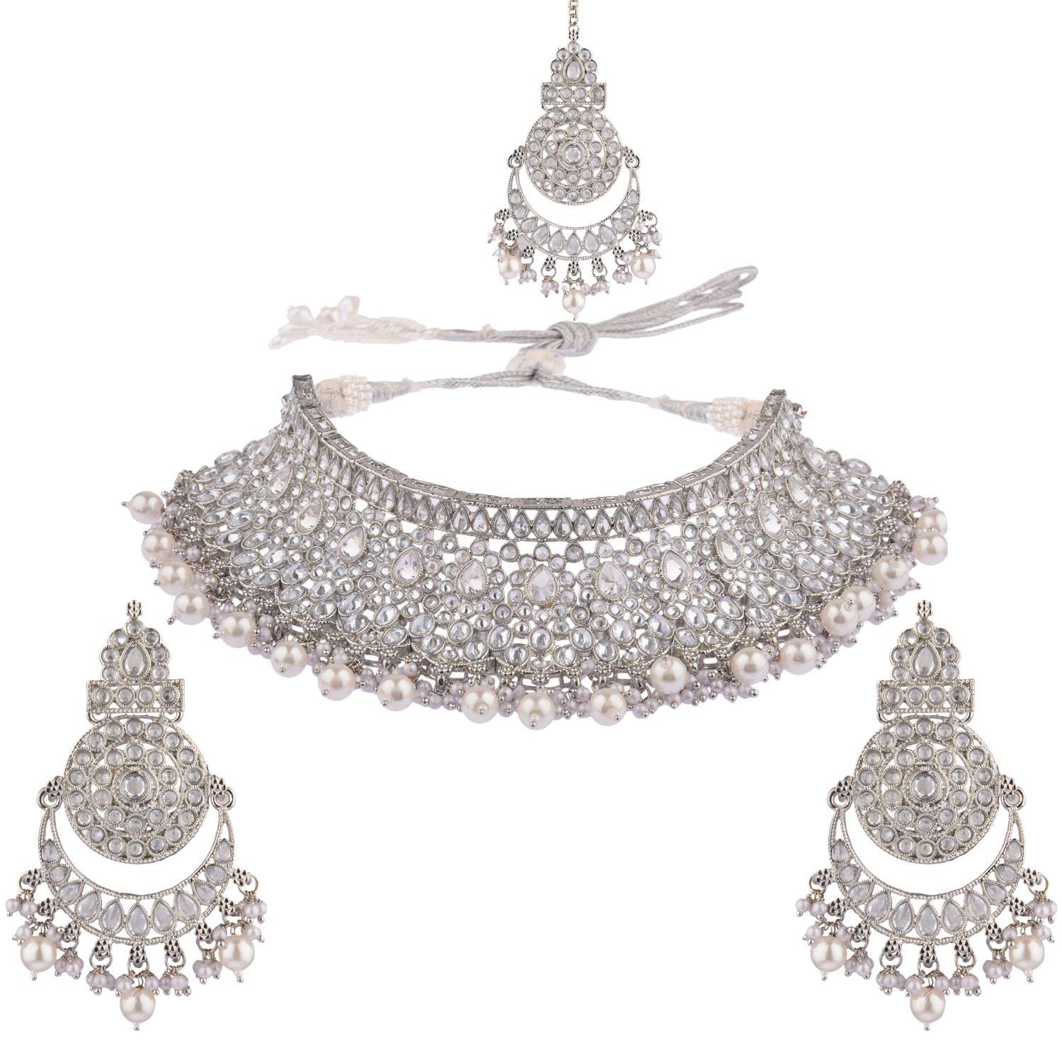 Efulgenz Crystal Rhinestone Faux Pearl Choker Necklace & Earrings Set with Maang Tikka Head Chain - Elegant Indian Wedding Jewelry for Women and Girls | Perfect for Bridal, Party, and Special Occasions