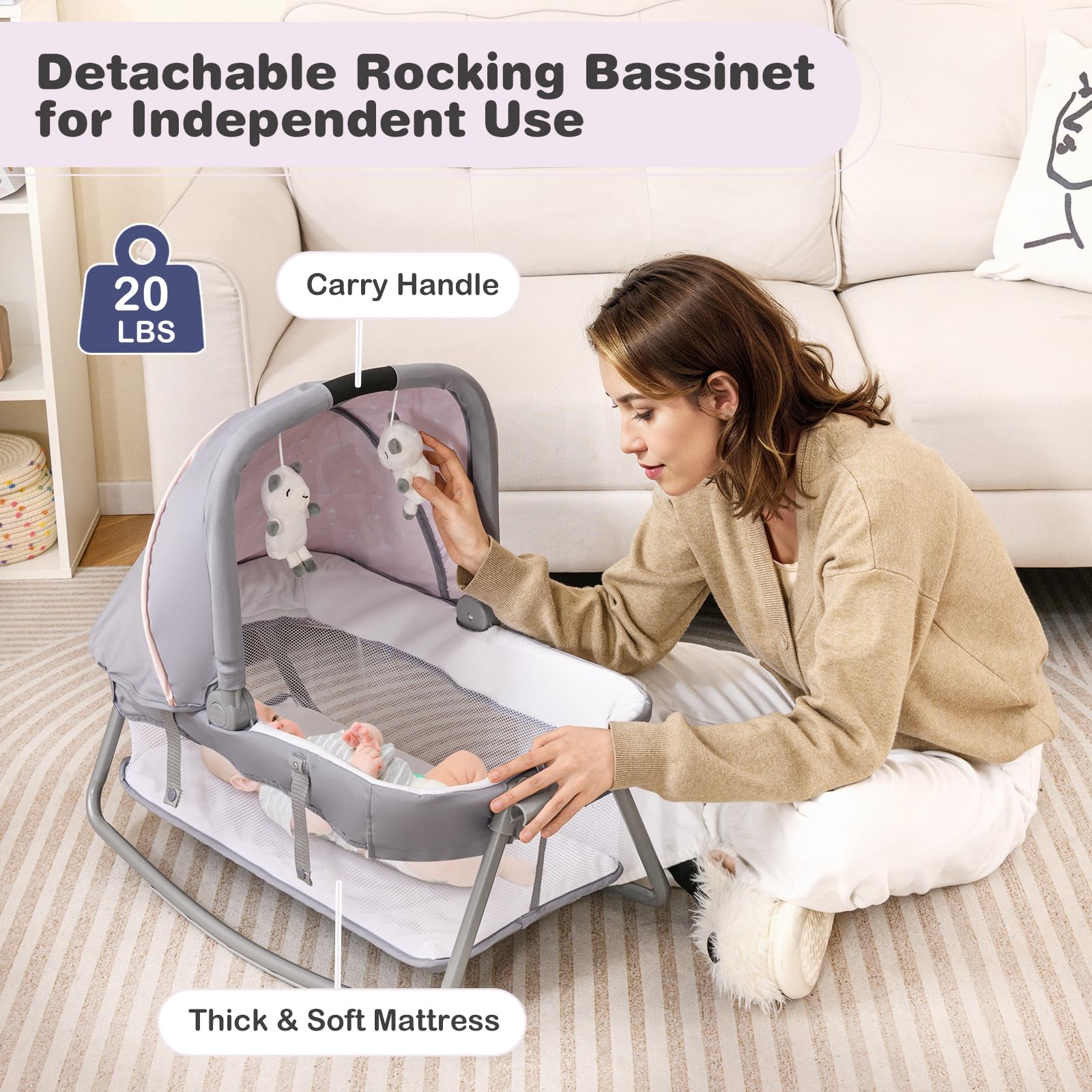 BABY JOY 5-in-1 Portable Baby Playard with Bassinet & Changing Table | Pink & Purple Starry Sky Playpen for Girls | Nursery, Travel & Home Use | Includes Toys, Music & Storage Bag