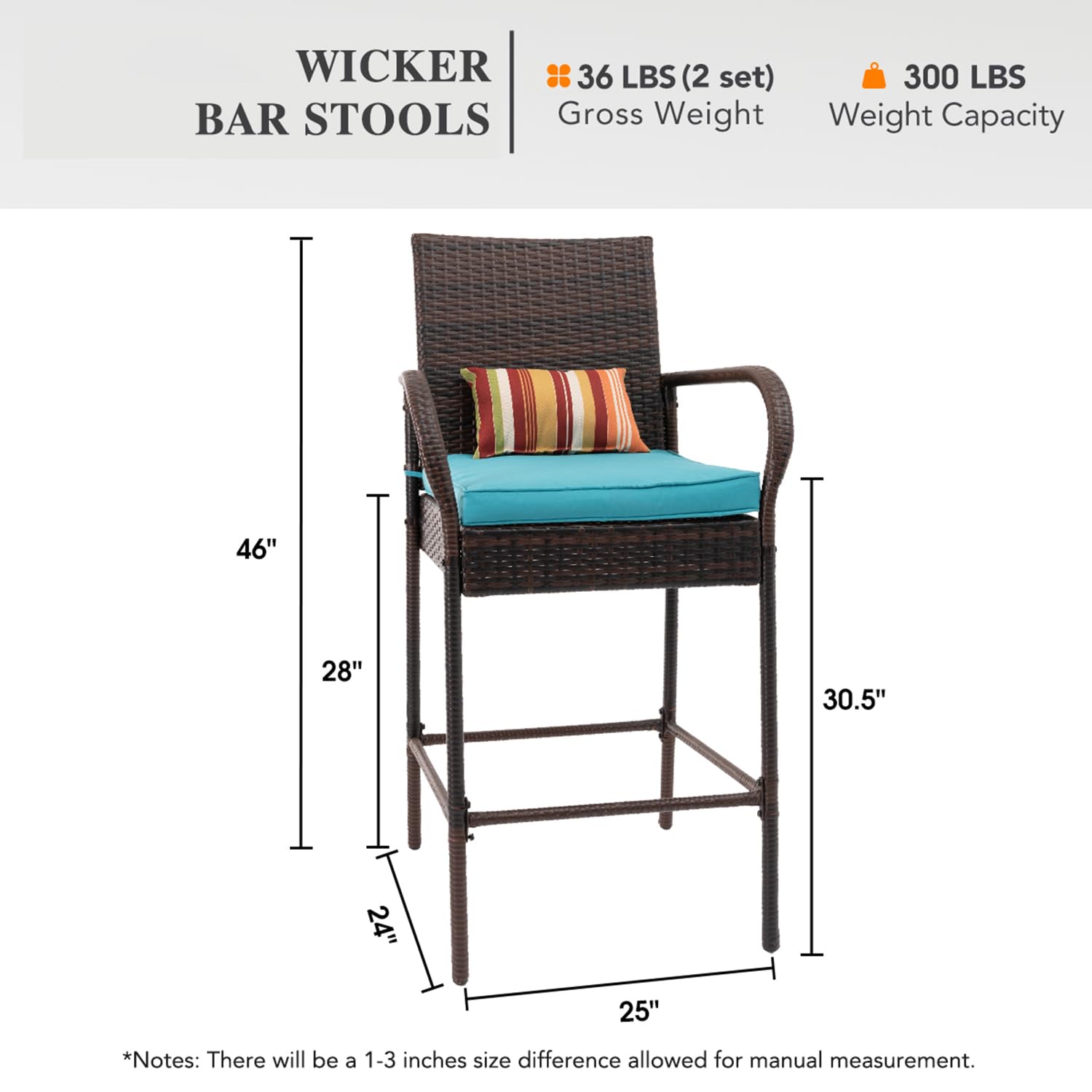 Sundale Outdoor 2-Piece Patio Bar Stool Set with Backrest Pillow - All-Weather Wicker Rattan Counter Height Bar Stools with Arms & Turquoise Cushion - Steel Frame Brown Patio Furniture for Backyard, Poolside & Garden Decor