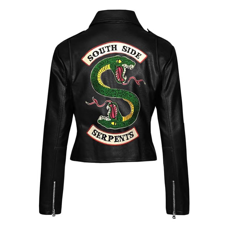 Women's Black Leather Biker Jacket - Red Serpents Gang Style Southside Jacket | Fashionable Outerwear for Motorcycle Riding, Streetwear & Casual Outfits
