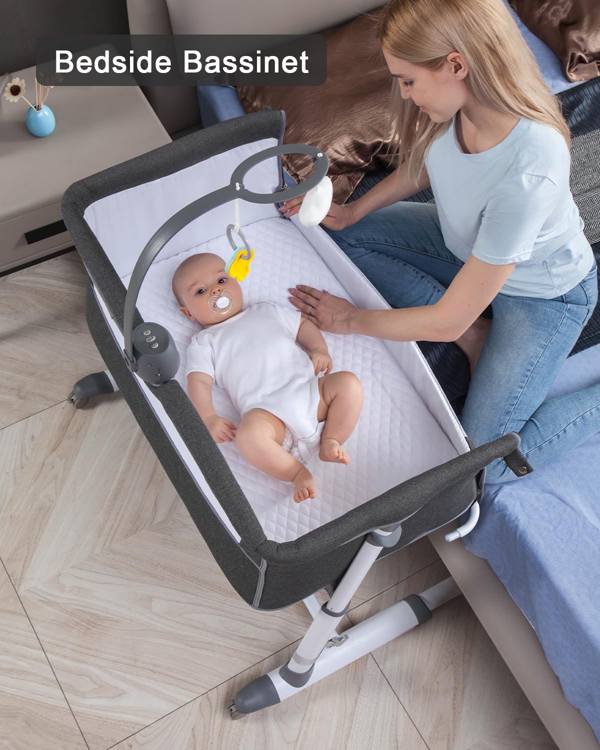 **Yacul Baby Bassinet with Wheels & Music Box - Adjustable Height, Breathable Mesh, Portable Bedside Crib Sleeper for Newborns - Dark Gray - Perfect for Nursery, Bedroom & Travel**
