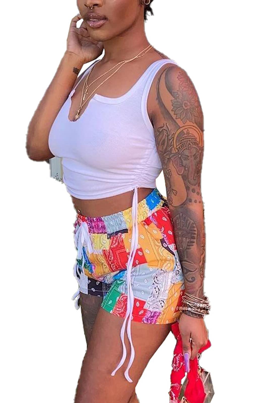 Acelyn Women's Sexy 2-Piece Short Sets - Summer Crop Tank Top & Patchwork Shorts Outfit | Casual Wear, Beach Vacation, Street Fashion, Lounge Outfits