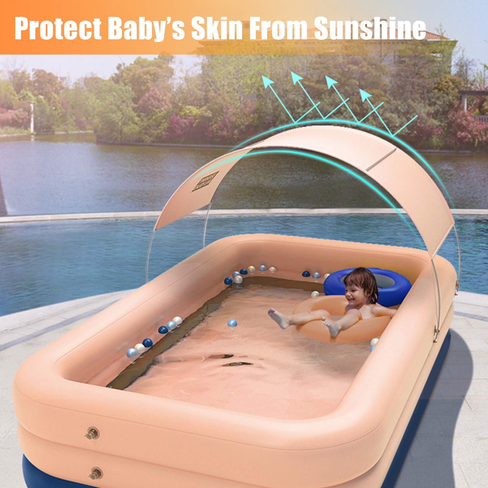 YUEWO Inflatable Swimming Pool with Canopy - 260x160x68cm/102x63x27inch Outdoor Above Ground Portable Blow Up Pool for Adults & Family - Perfect for Garden, Backyard, Summer Parties & Relaxation (Pink)